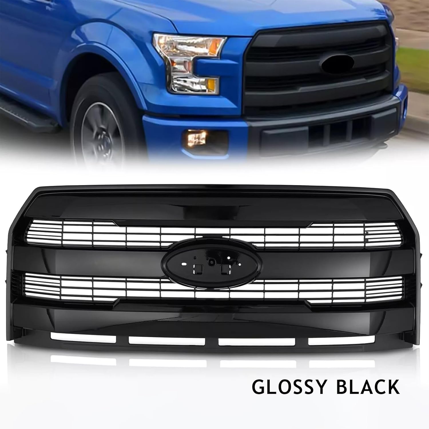 Front Bumper Grille Assembly Compatible with 2015 2016 2017 Ford F150 F-150 Upper Hood Mesh Grill W/O Camera Hole Replacement ABS Plastic (Glossy Black)