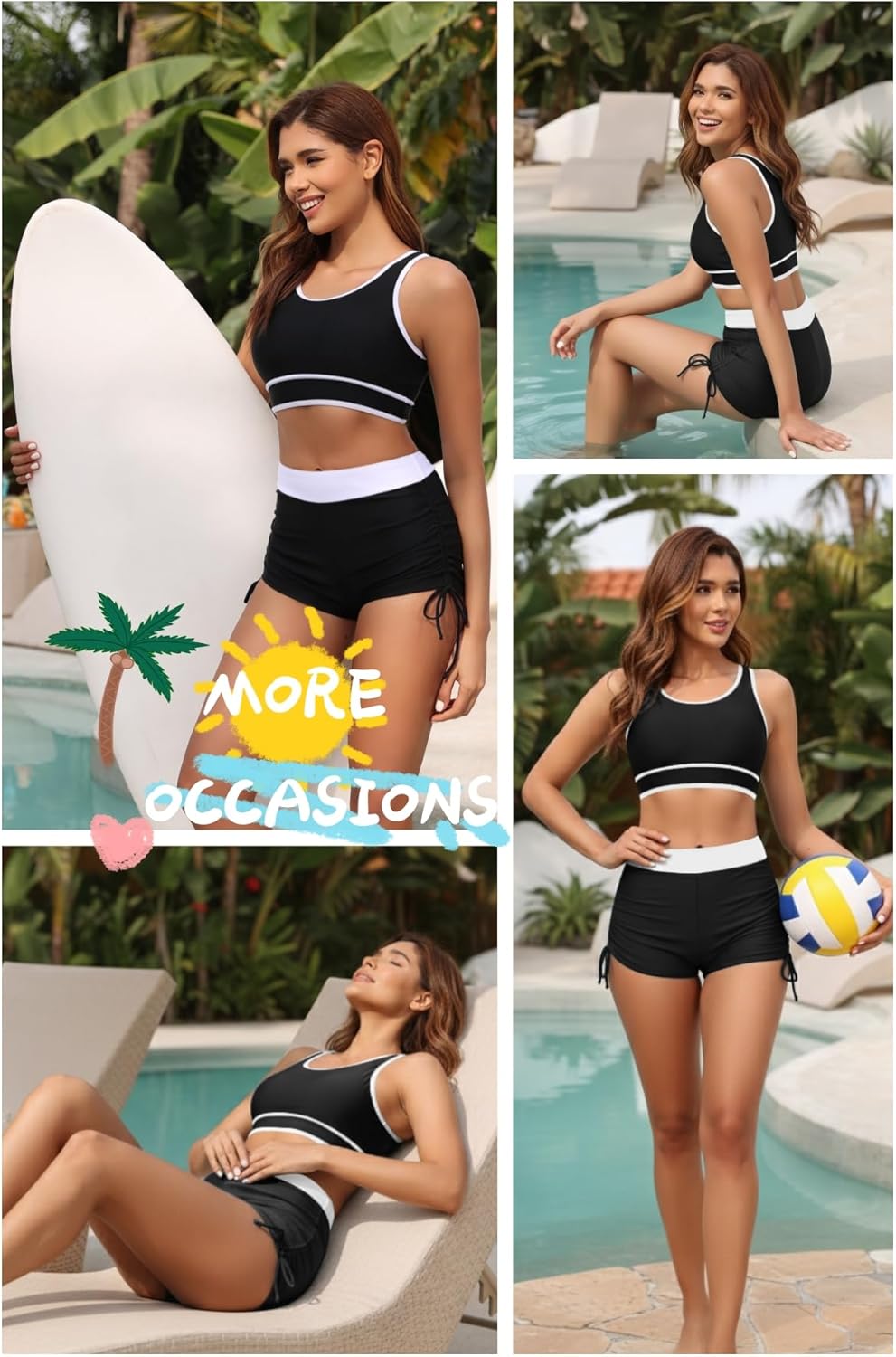 Holipick Women's Sporty Bikini Sets Two Piece Color Block Swimsuit Bathing Suits with High Waisted Boy Shorts Bottom - Image 6