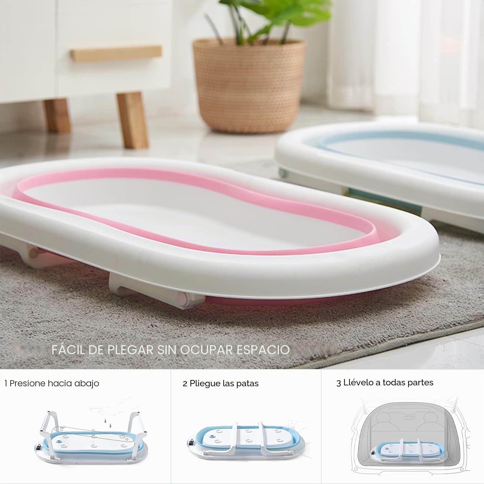 SONARIN Bañera de Bebé Plegable con Sensor de Temperatura,Tina para Bebe,Bañera de Ducha Portátil Antideslizante con Cojín para Recién Nacidos Niños,Drenaje Rápido(Rosa)