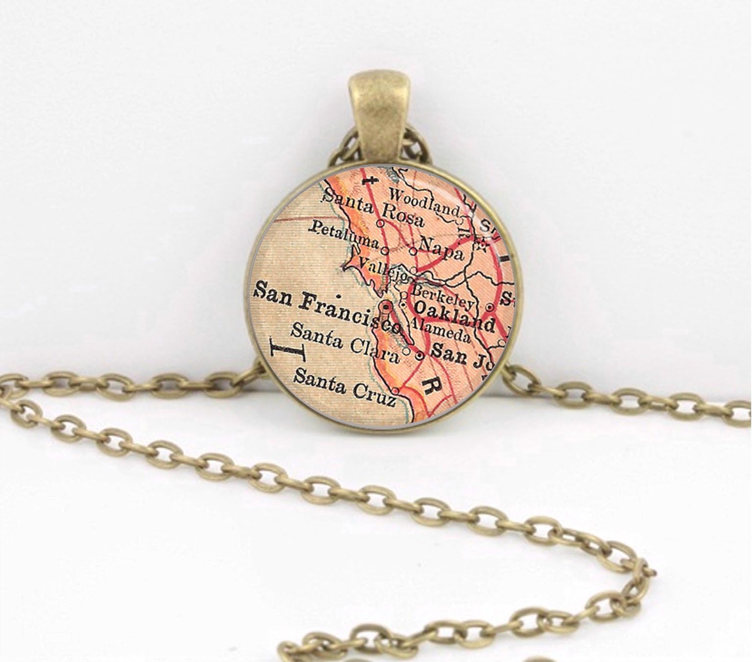 Vintage Map San Francisco Bay Area California Necklace Pendant Jewelry or Key Ring