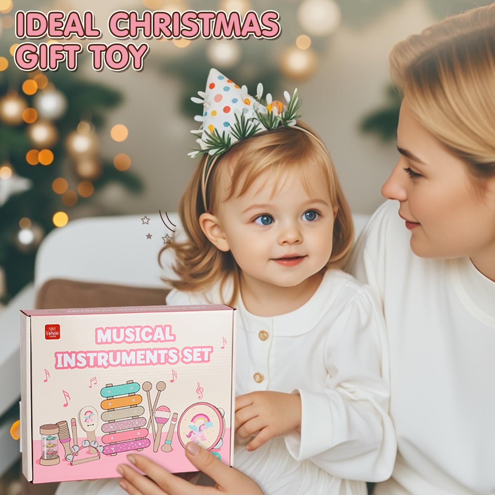Lehoo Castle Musikinstrumente für Kinder ab 1 Jahr, Mädchen Montessori Spielzeug Geschenk 2 3 Jahre, Kinder Holz Instrumente Musik Set mit Xylophon & Tromme