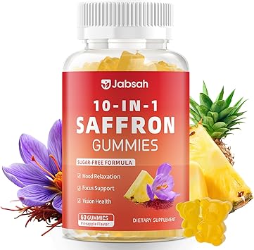 Saffron Gummies for Adult Kids, 10-IN-1 Saffron Supplements with Saffron Extract 88.5 mg, Vitamin D3, B6, B12, L-Theanine, St. Johns Wort, Ashwagandha for Mood, Focus, Calm, Melatonin-Free, 60 Count