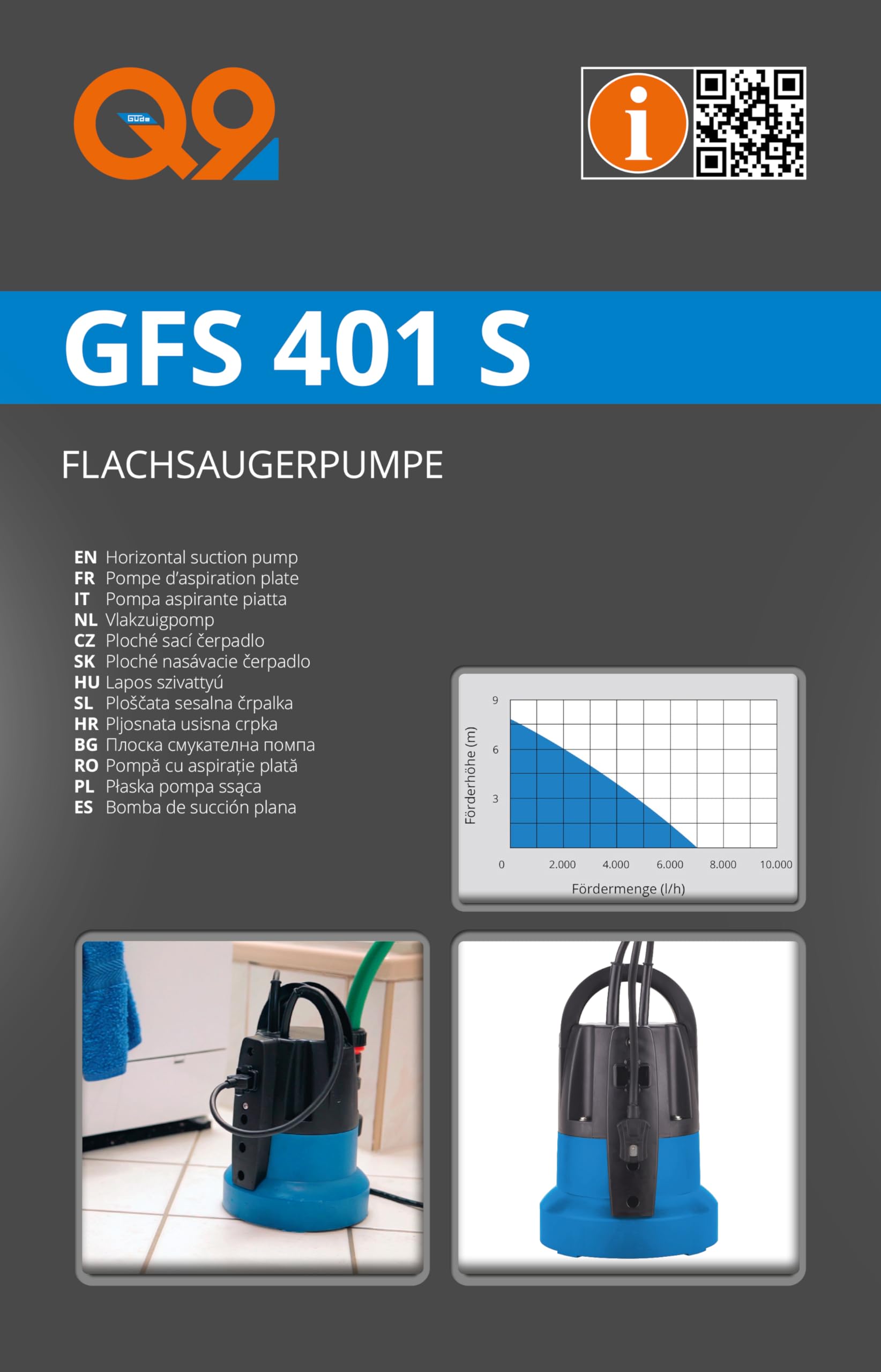Güde Flachsaugerpumpe GFS 401 S (400 W, Fördervolumen 7000 l/h, max. Förderhöhe 8 m, max. Ansaughöhe 7 m, Noryl-Laufrad, Edelstahlwelle, Thermoschutz, 10 m Anschlusskabel, min. Einschalthöhe 30 mm)