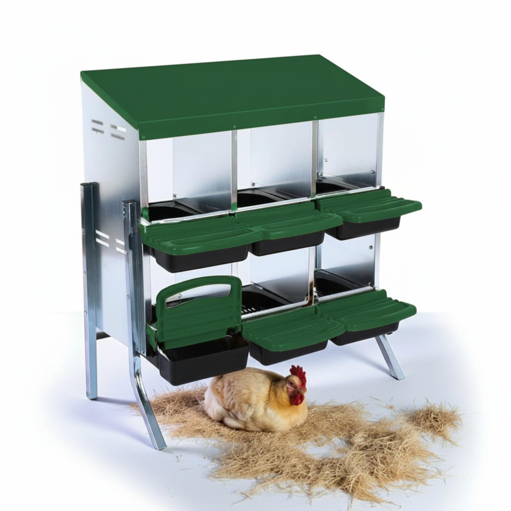 Nicoman Metal Chicken Nesting Box, 6-Compartment, Green, Galvanized Steel, Rust-Resistant, for Poultry Egg Collection