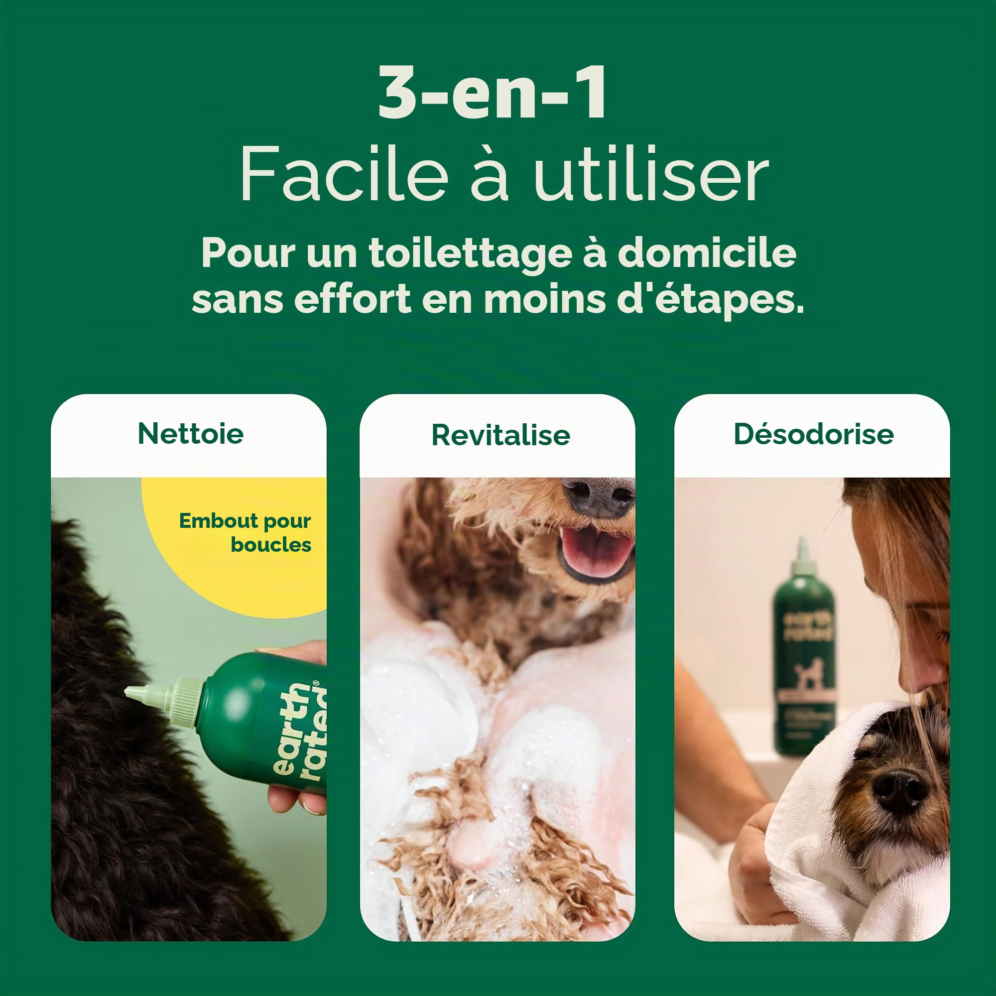 Earth Rated Shampoing et après-shampoing démêlant 3 en 1 pour chien - Shampoing désodorisant à l'avoine pour chiens et chiots - Idéal pour les animaux malodorants - Parfum thé blanc et basilic - 473