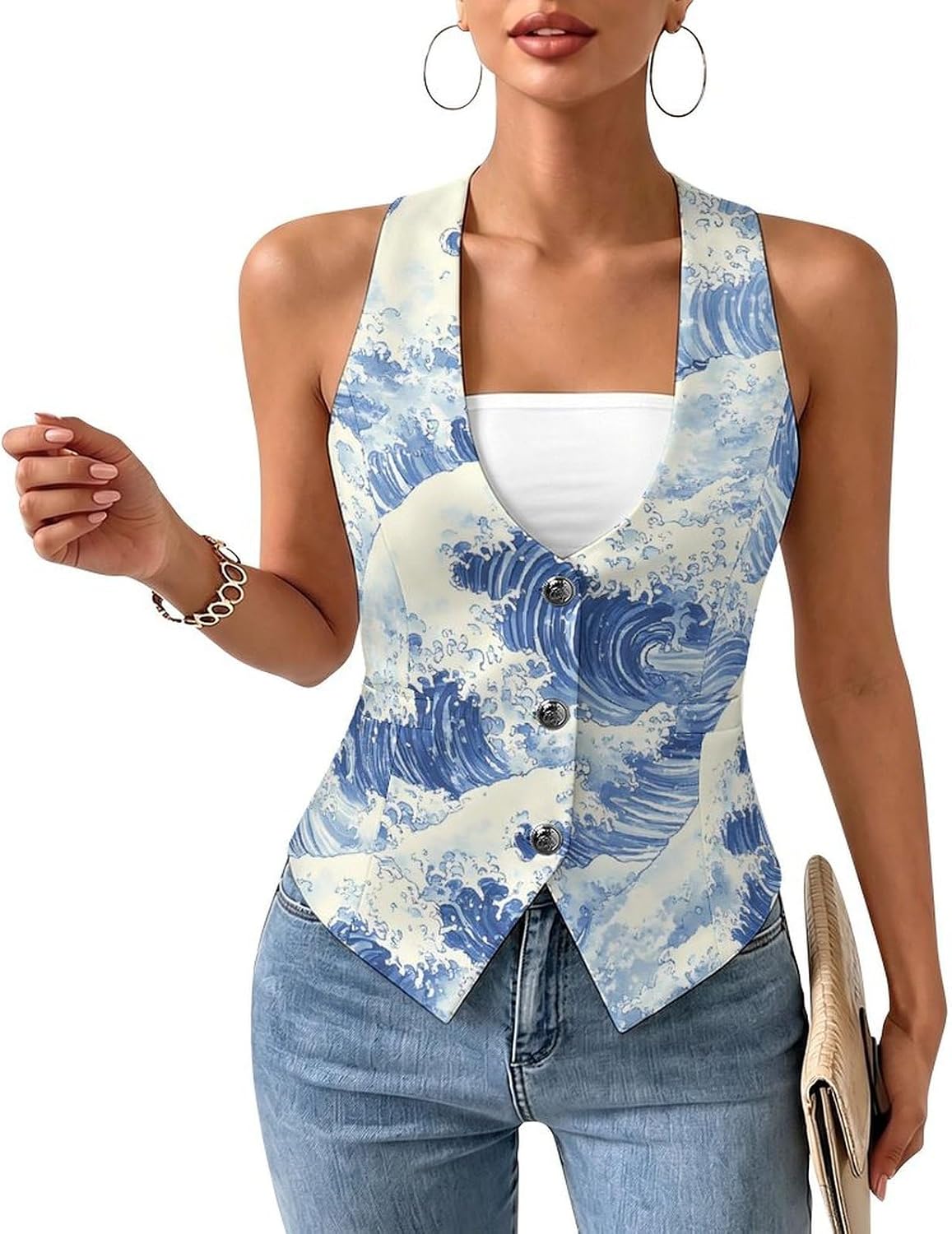 Japanese Ocean Waves Women's Tuxedo Waistcoat Suit Vest | 3 Button V-Neck Slim Fit Casual Sleeveless Top