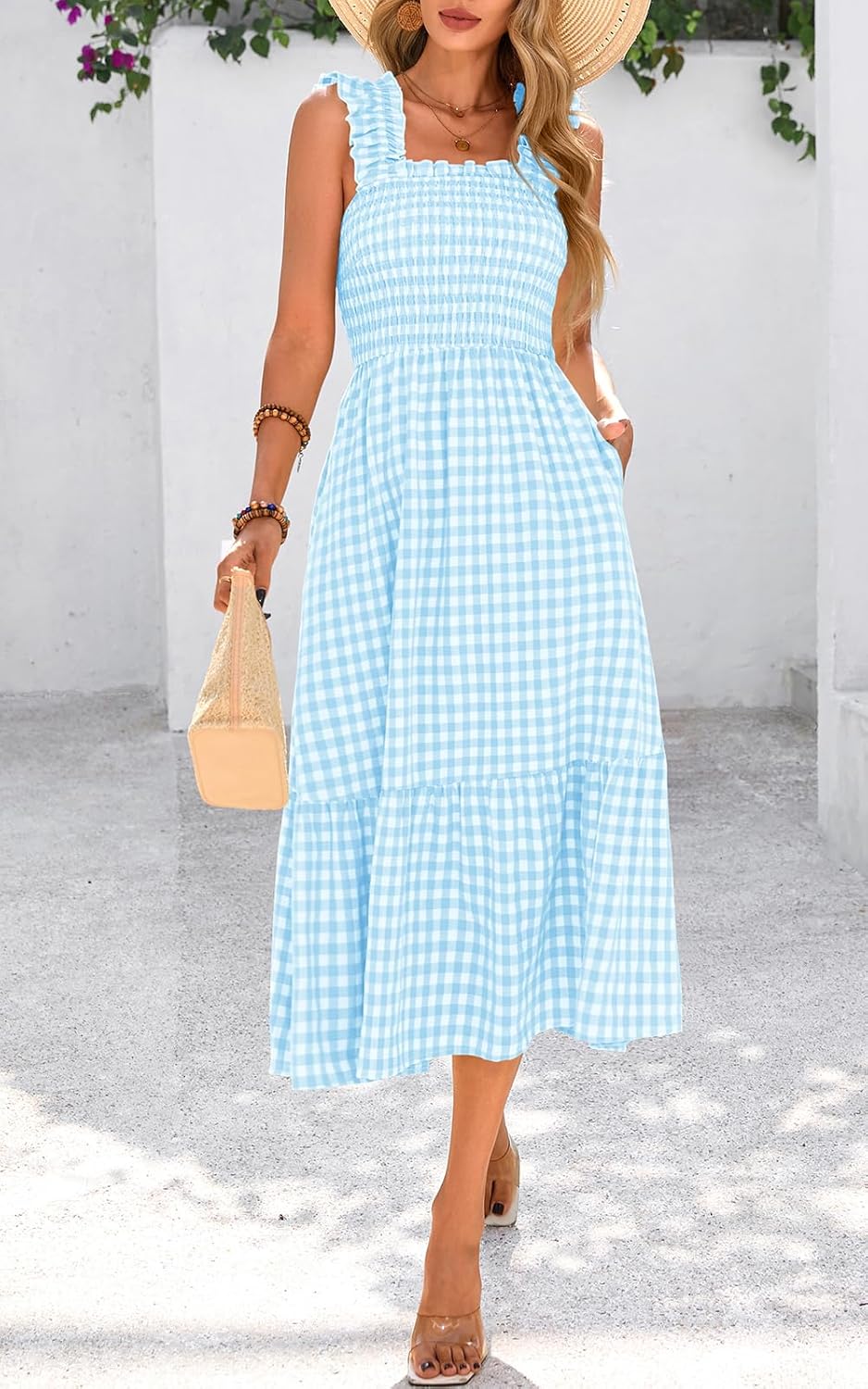 PRETTYGARDEN Womens Summer Dress Casual Square Neck Ruffle Strap Gingham Smocked Midi Flowy A Line Beach Vacation Sun Dresses - Image 7