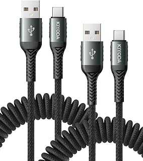 KIYODA 2-Pack 3FT Coiled USB A to C Cable, 66W Fast Charging Braided Cord for iPhone 16/15, Samsung Galaxy, CarPlay & Android Auto