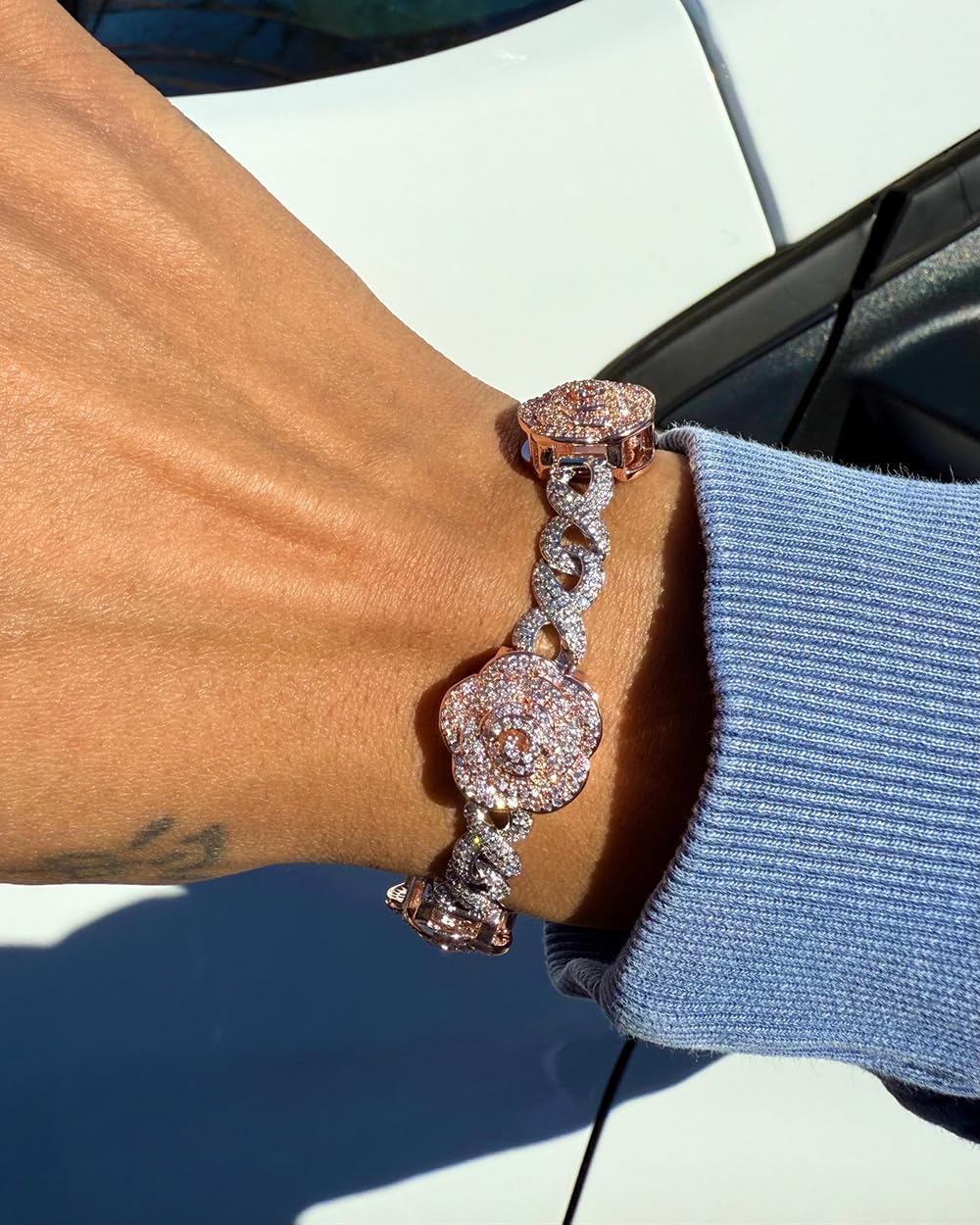 Lulu Mel Infinity Rose Gold Cuban Chain Bracelet for Men Women, Iced Out Silver Rose 5A Cubic Zirconia Diamond Cuban Charm Flower Bracelets Hip Hop Gift