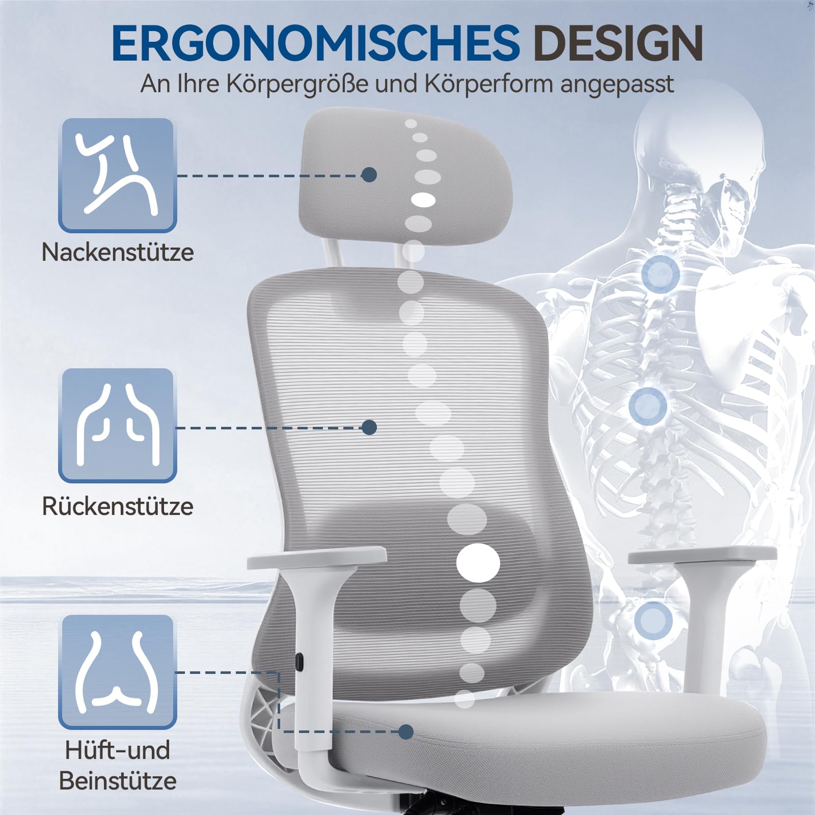 naspaluro 150kg Bürostuhl Ergonomisch Netzbezug 3D Armlehnen | Neigbare Rückenlehne mit Kopfstütze, höhenverstellbar, leise Rollen, für Homeoffice & Gaming, einfache Montage, Weißgrau
