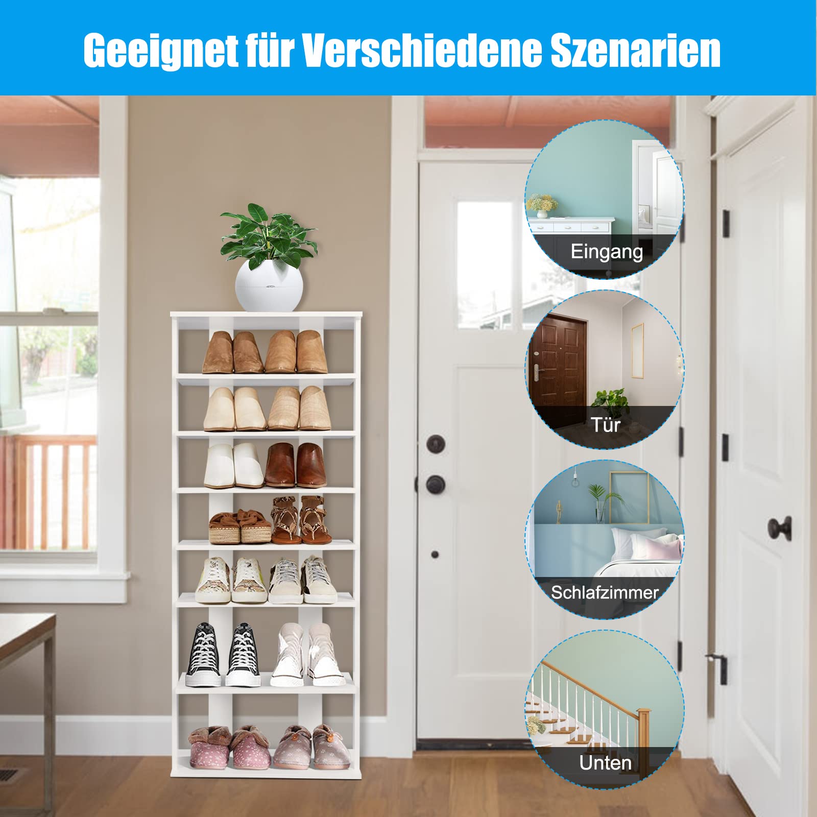 COSTWAY 8 stufiger Schuhständer höhenverstellbar, Platzsparendes Schuhregal aus Holz, Schuh-Organizer vertikal, Freistehender Eckregal für Eingang, Flur (Weiß, Doppel)