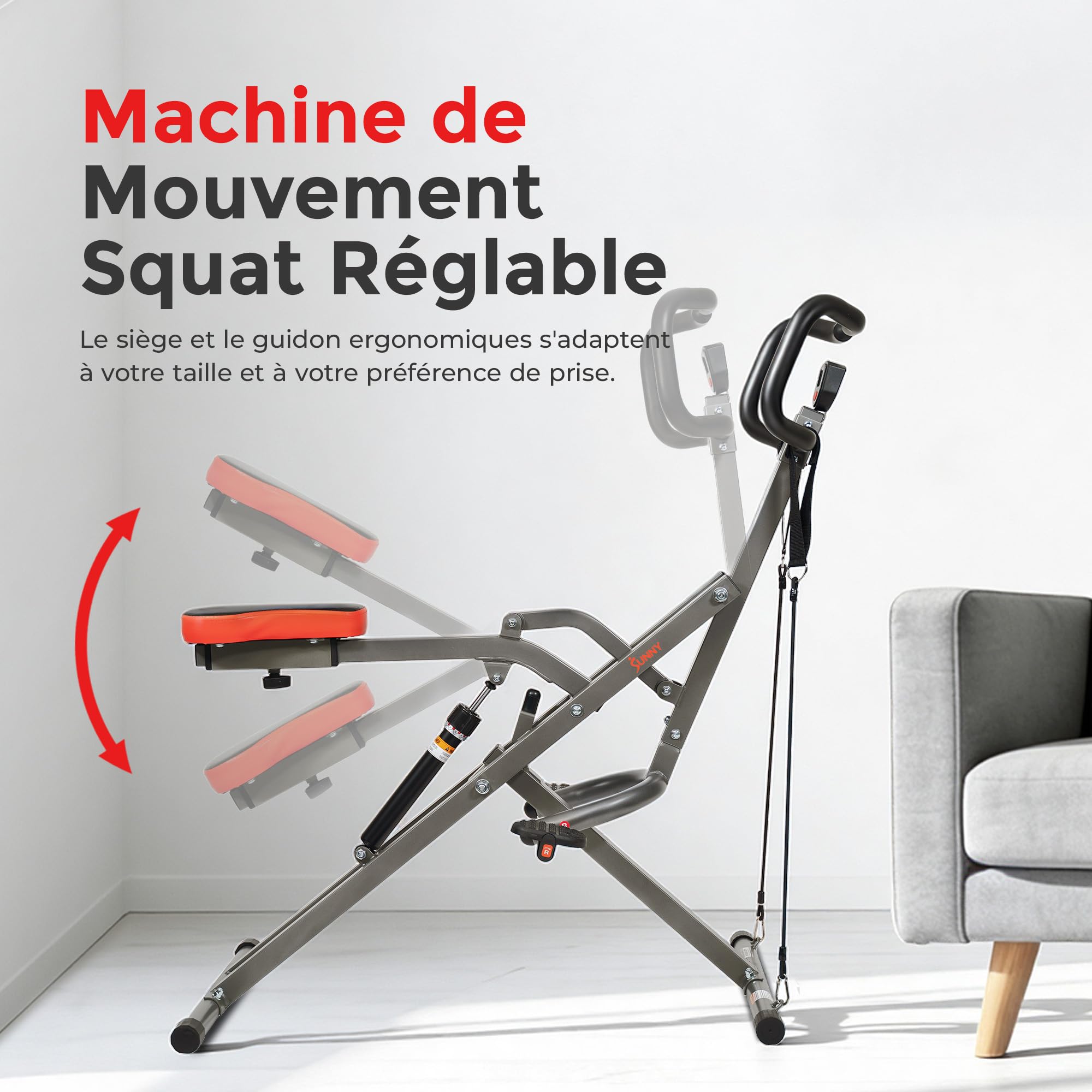 Sunny Health & Fitness Row-N-Ride PRO Appareil de Squat Combiné pour Entraînement Complet du Corp avec Band de Résistance Optionnelle, Équipement d’Abdo et de Cardio pour la Maison avec l’App SunnyFit