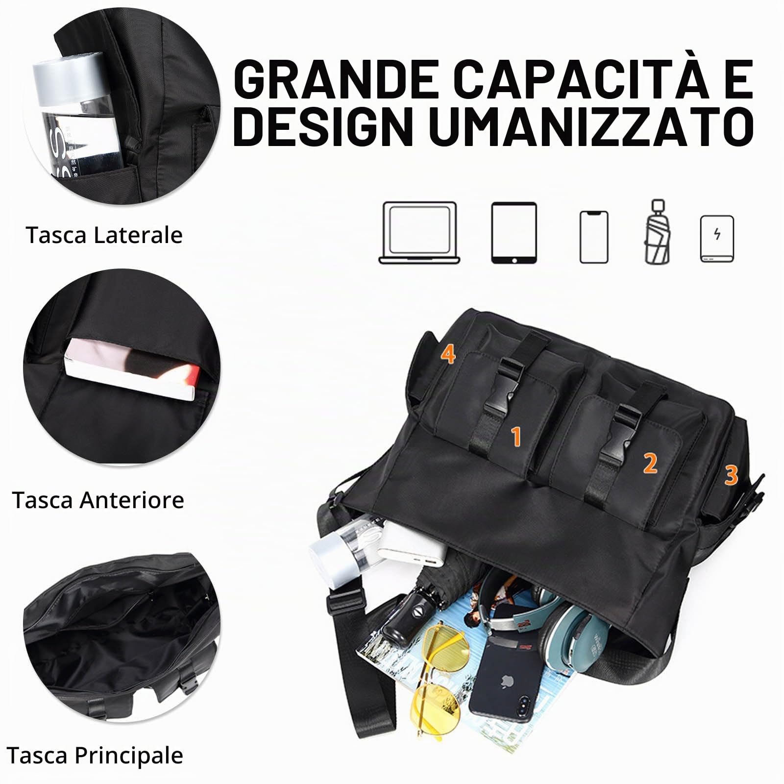FANDARE Ultraleggero Borsa a Tracolla Uomo e Donna, Sportiva per Palestra, Messenger per 15.6 Pollici Tablet, Ufficio, Università, Insegnanti - Nera