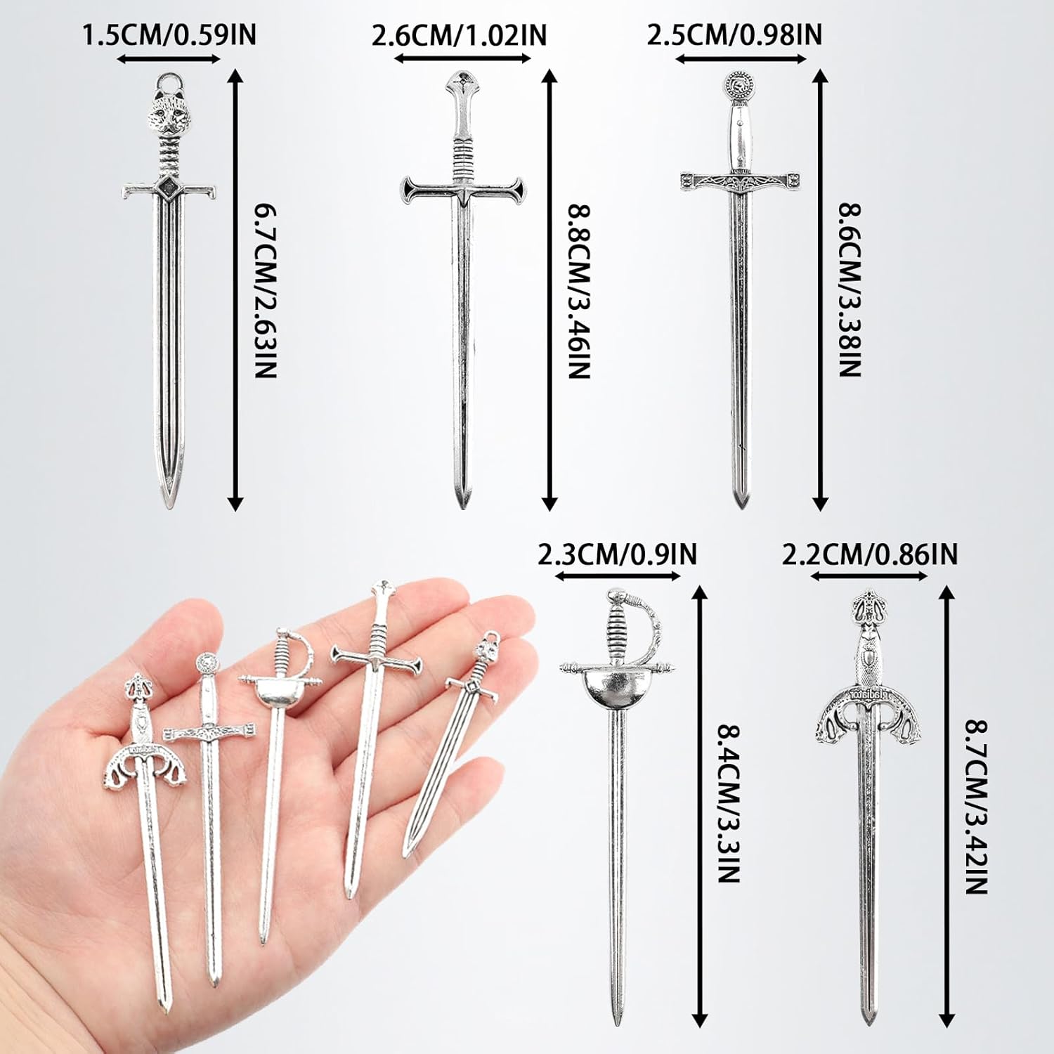 5 Pcs Silver Sword Bookmark, Mini Antique Swords Charms & Knife Bookmark, Zinc Alloy Mini Swords for Jewelry Making, Reading Bookmarks for Book Lovers - Image 2