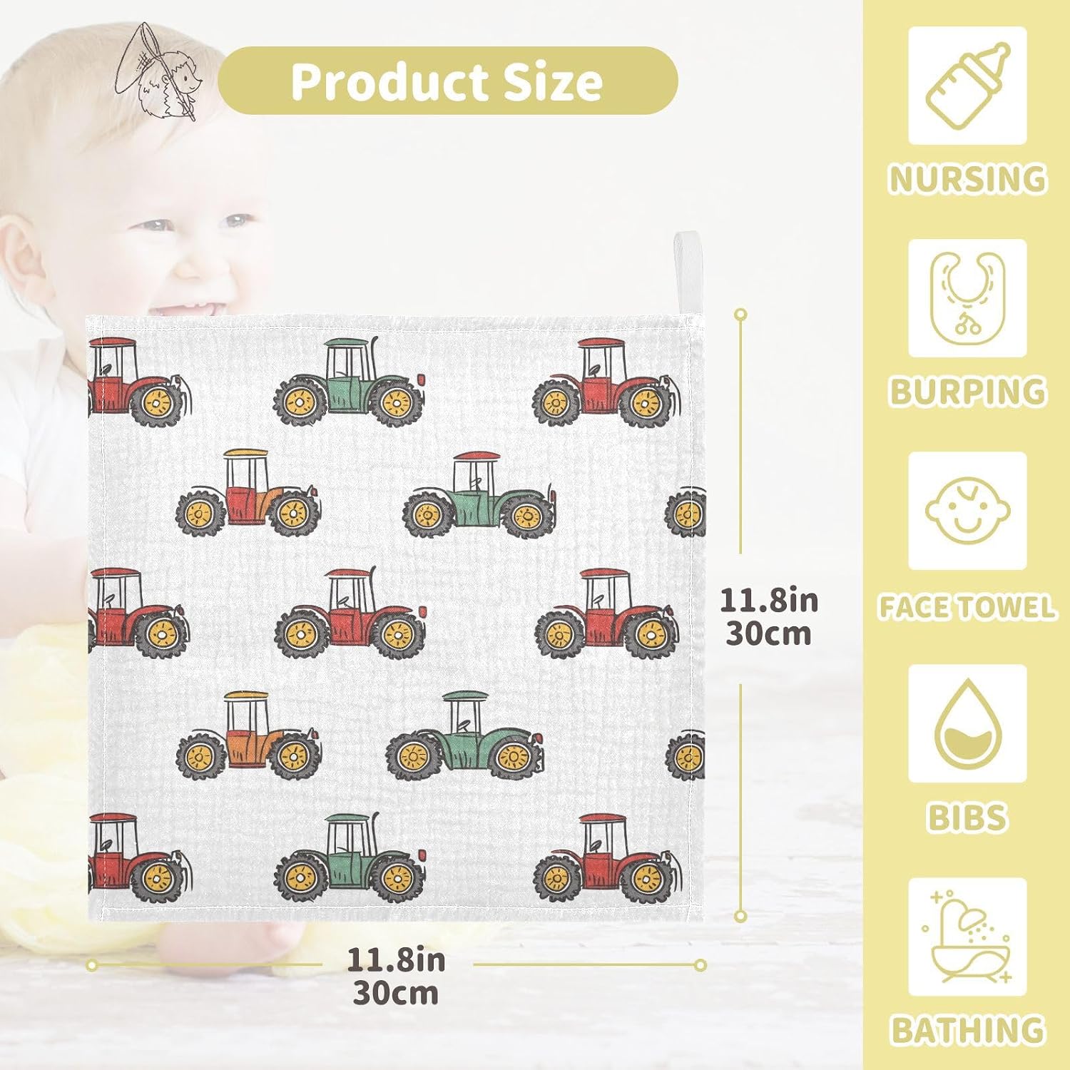 vvfelixl Baby Muslin Washcloths Cute Retro Tractor Baby Burp Cloths Cotton Babys Face Towel for Newborn Infants Boys Girls Soft and Absorbent 11.8 X 11.8 in, 3 Pack