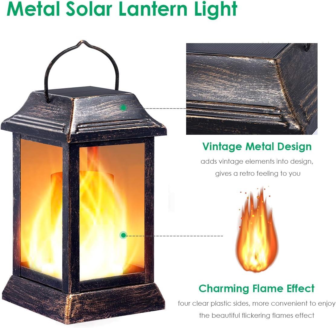 TomCare Solarleuchten, Metall, flackernde Flamme, Solarlaterne, Outdoor-Hängelaternen, Beleuchtung, strapazierfähig, solarbetrieben, wasserdicht, LED-Flammenlichter für Terrasse, Garten
