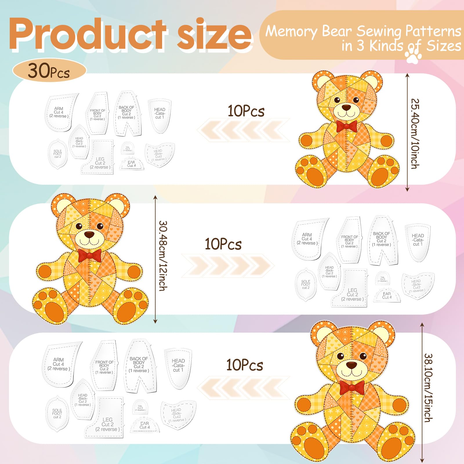 Chunful 30 Pcs Memory Bear Sewing Patterns Acrylic Template Ruler Set Stuffed Animal Quilting Template Cutting with Instructions Large Sewing Pattern for Beginner Art Craft Tools Home, 10, 12, 15 inch