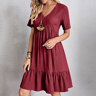 Midi Dresses for Women Short Sleeve V Neck Summer Dresses Loose Fit Flowy Tiered Boho Beach Vacation Sundress