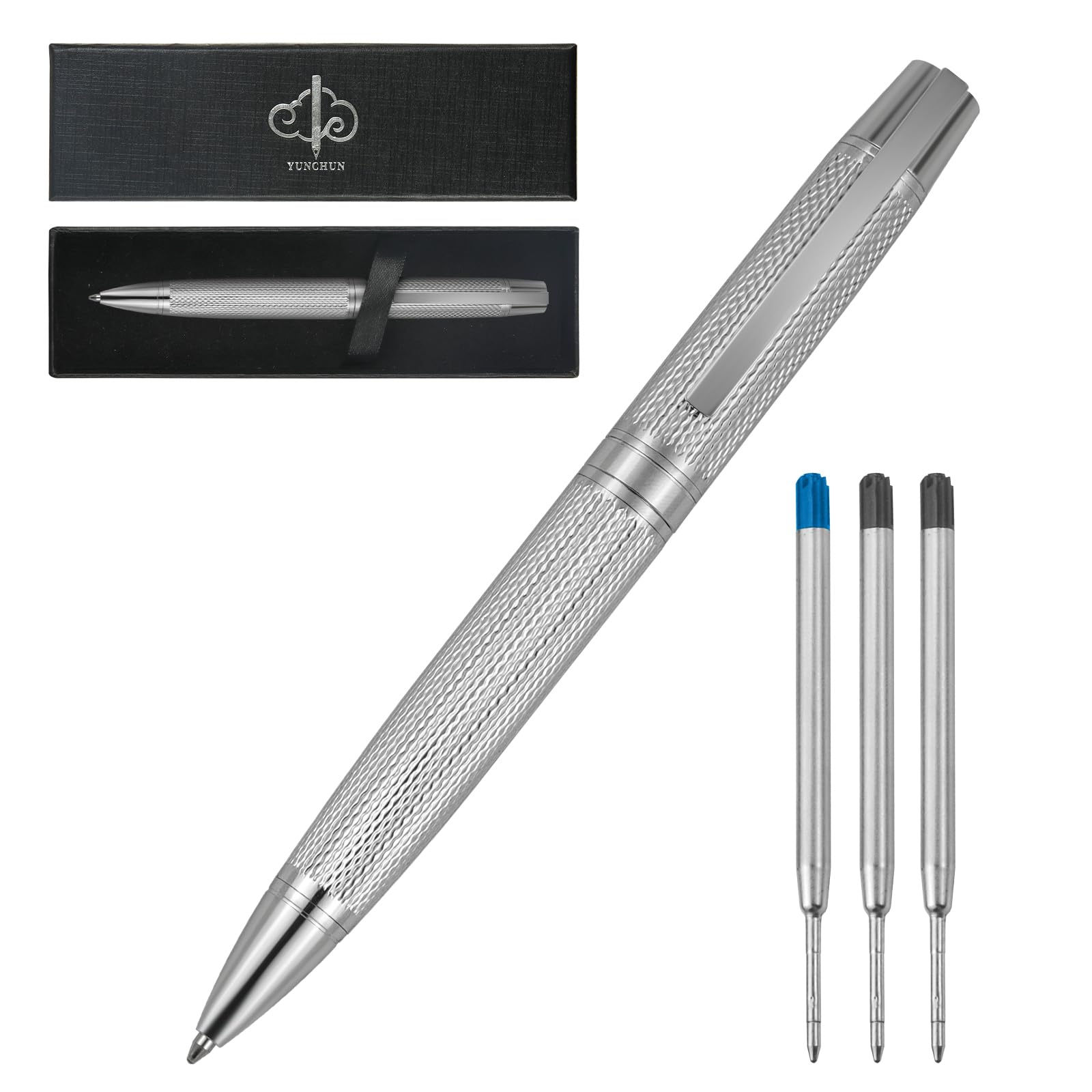 YUNCHUN Executive Pens for Men Medium Point Ball Point Pen Set for Men Gift Heavy Duty Ball Pen for Writing Retractable Metal Ballpoint Pen for Journaling Ballpoint Pen Blue Ink with Fine Lozenge