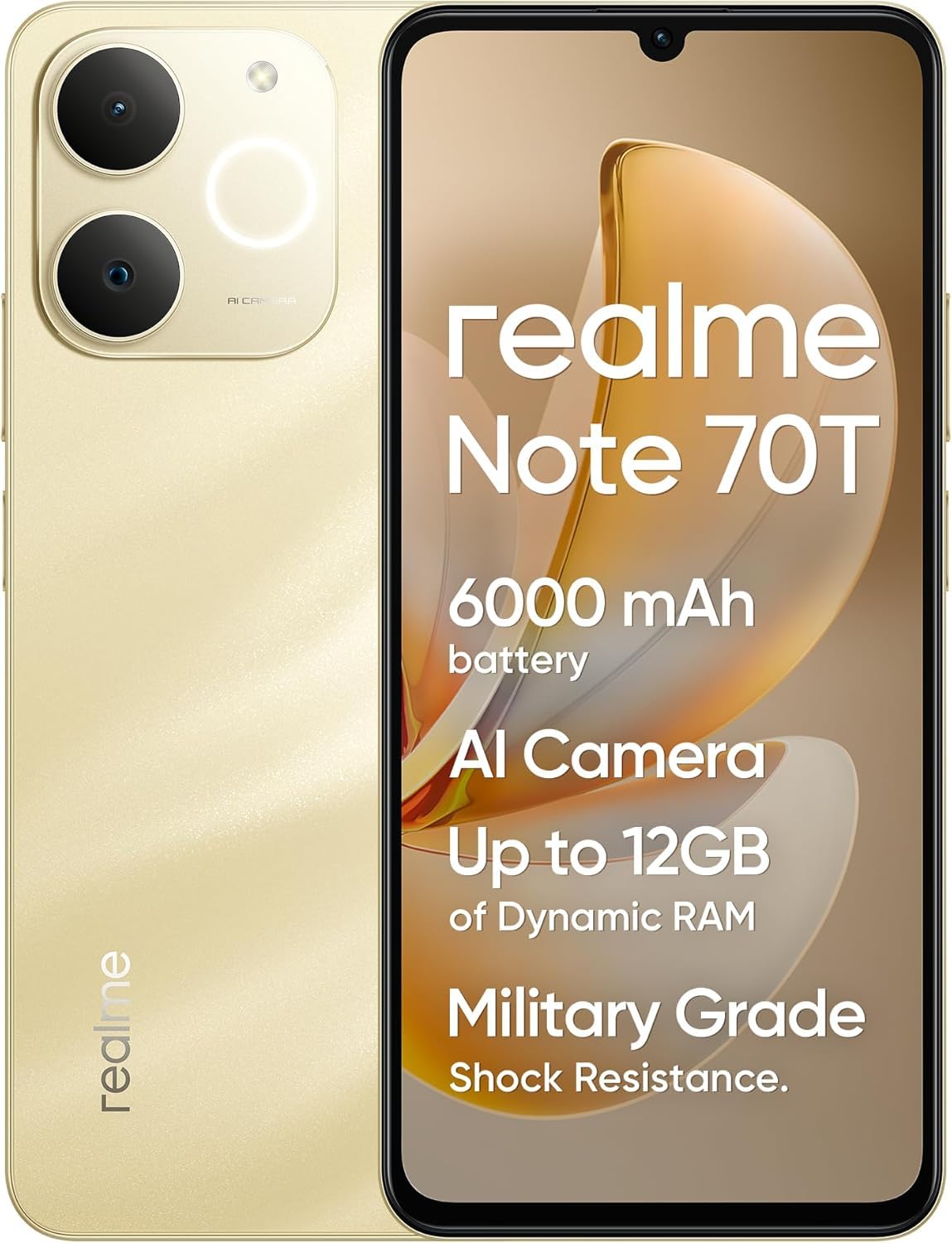 realme Note 70T Smartphone, 4+256GB, batteria 6000mAh, ricarica rapida 15W, display HD 90Hz da 6,75 pollici, fotocamera 18MP, chipset Octa-core T7250, NEXT AI, IP54, senza caricatore - Oro