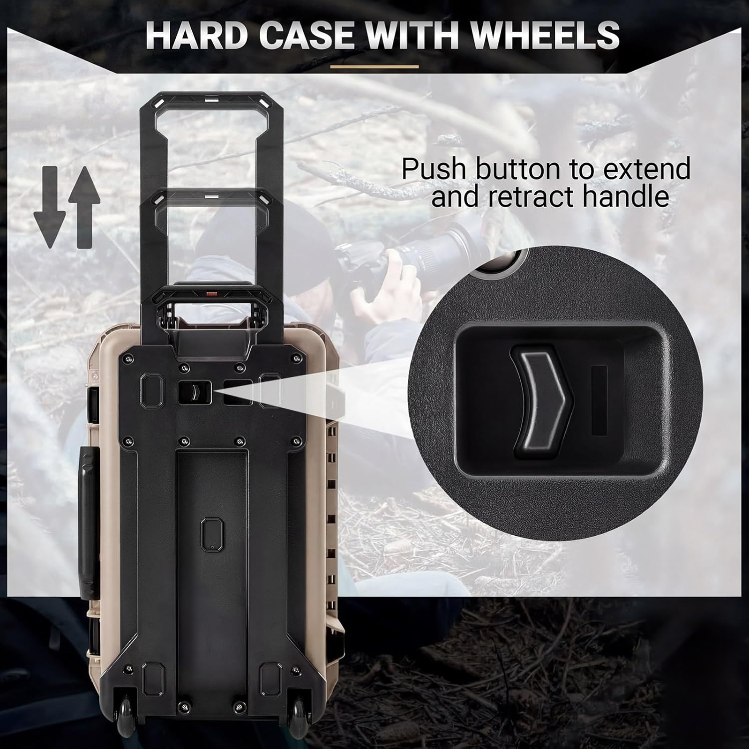 Relaxweex Sand Color Waterproof Rolling Camera Hard Case 22x14x9 Inch, Impact-resistant Travel Case with Padded Dividers & Wheels for Cameras, Lenses & Accessories