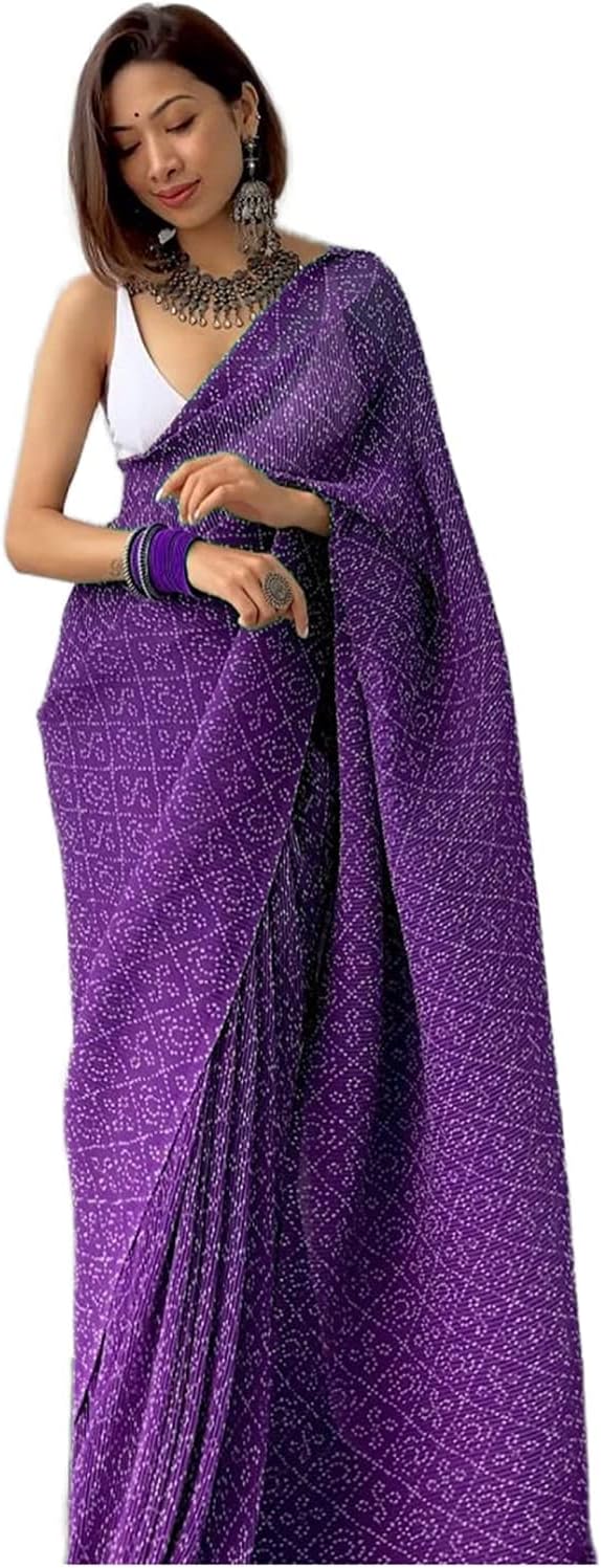 VAIVIDHYAM Women's Pure Georgette Saree With Blouse Piece (Crushed Bandhani_Purple)…