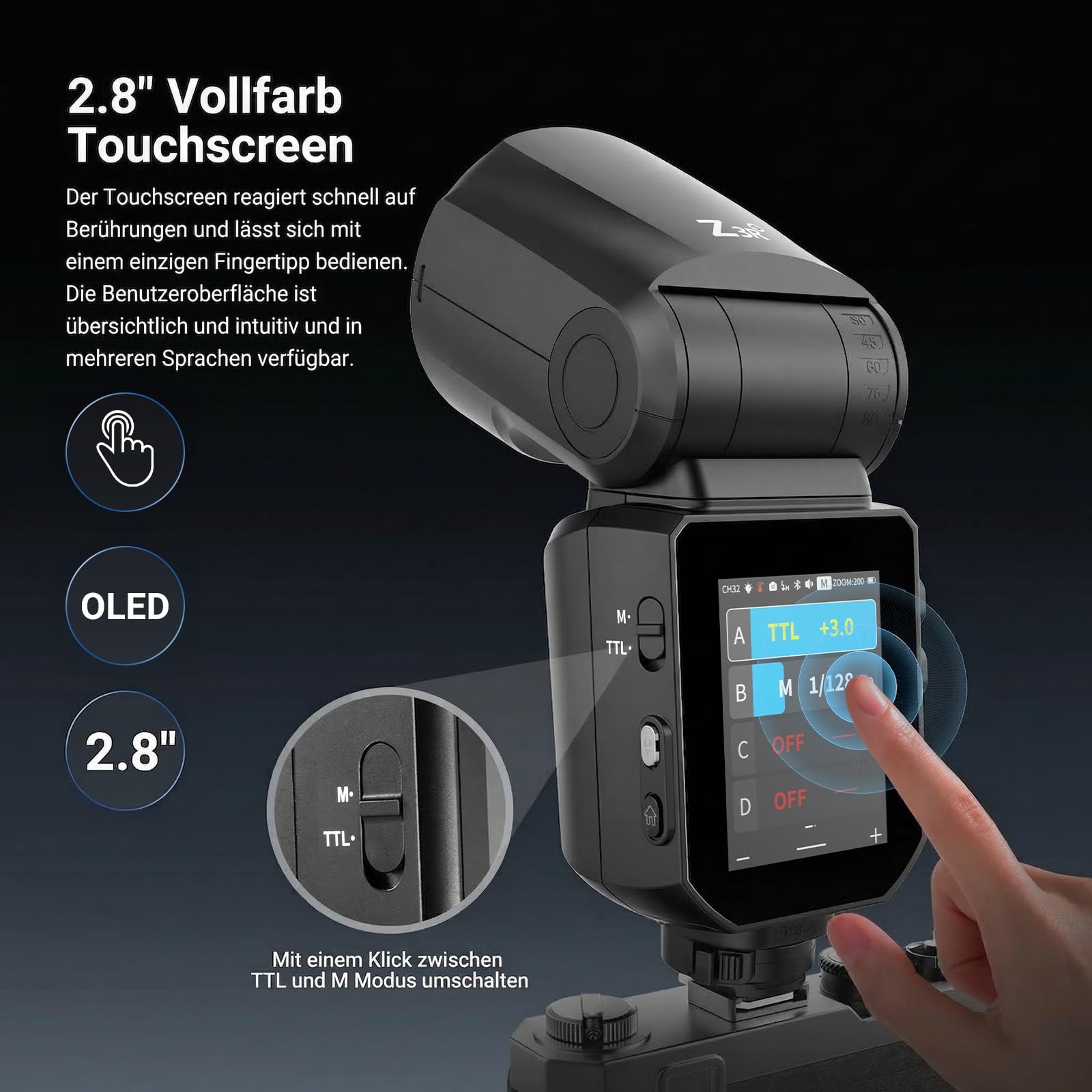NEEWER 100Ws 2,4G TTL Flash Rundkopf Blitz kompatibel mit Sony Kameras, für ZV1, kompatibel mit Godox, Speedlite Light mit Touchscreen, 1/8000s HSS, 2 Einstelllampen TTL/M Schalter 500 Leistung Z3R-S