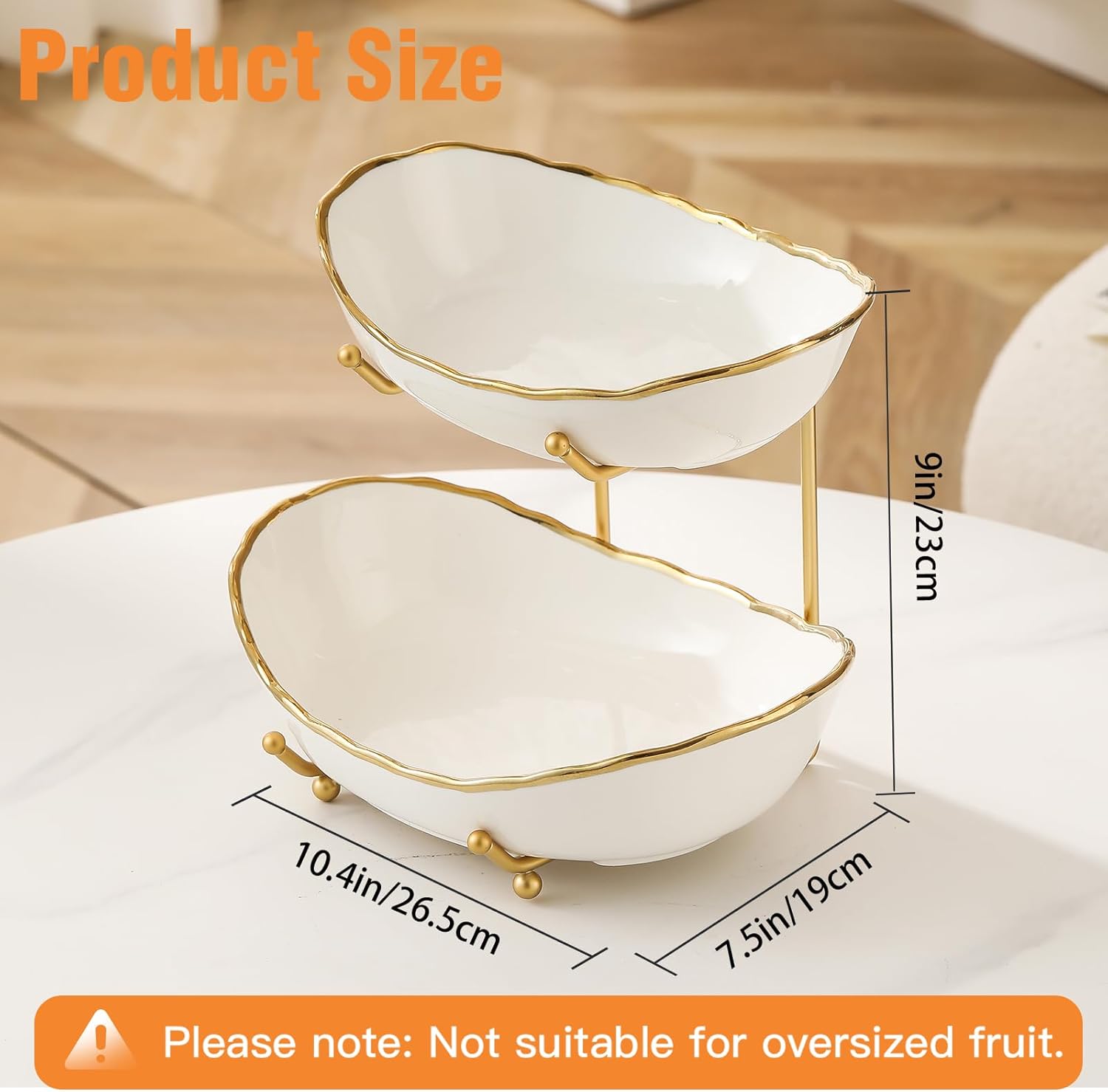 2 Tier Ceramic Fruit Bowl for Kitchen Counter, Tiered Fruit Basket for Countertop, Modern Multi Layer Fruit Display Stand for Party, Cute (Gold-rimmed, Small) Gold-rimmed Small