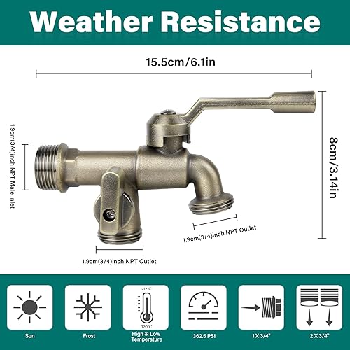 Miniatura 2 de Grifo de agua para jardín al aire libre con doble salida, grifo de agua de jardín montado en la pared exterior con dos válvulas de bola de latón de