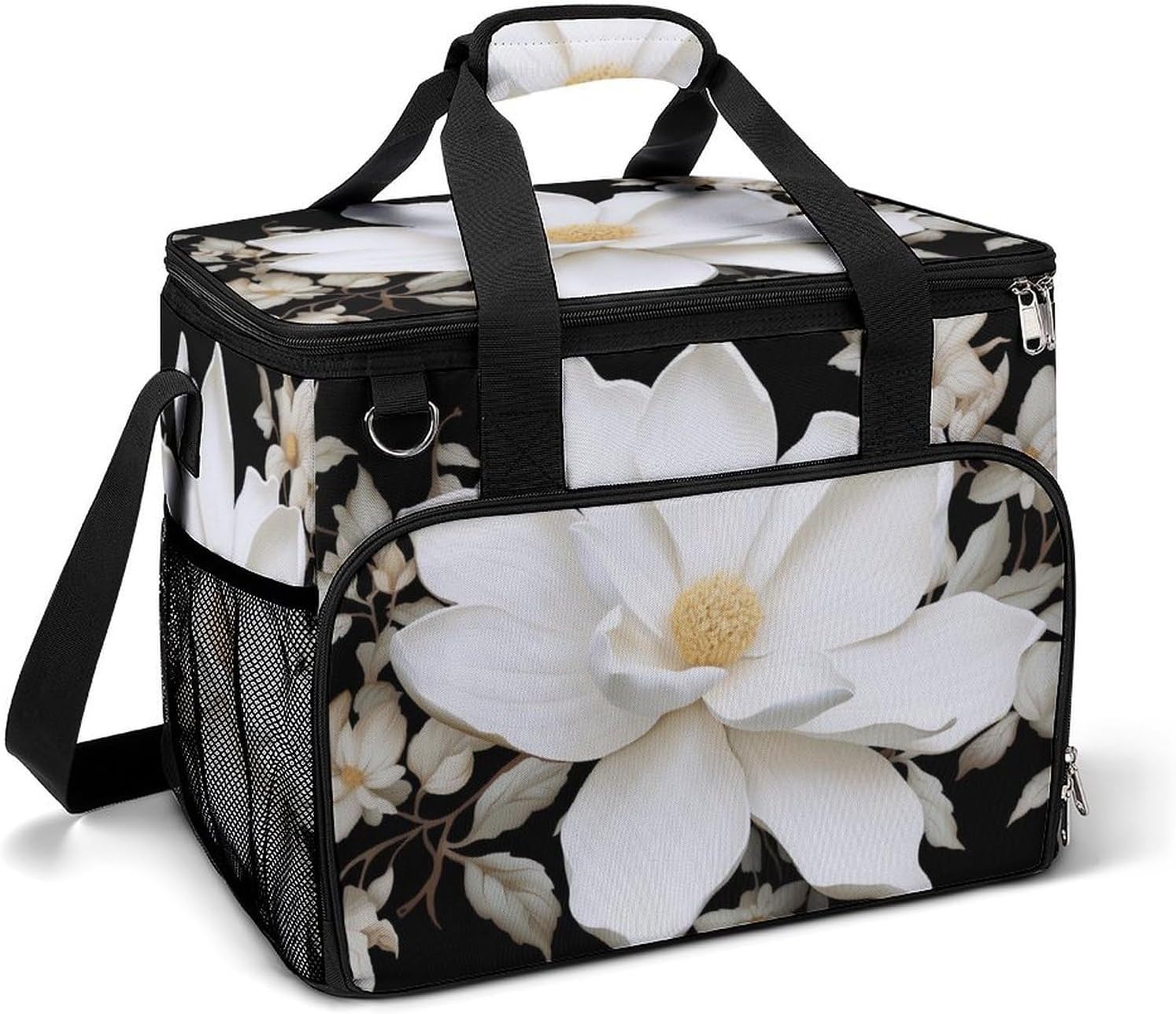 Large Capacity Oxford Cloth White Floral Printed Camping Ice Bag, Outdoor Portable Insulation and Cooling Bag, Suitable for Outdoor Camping and Picnics