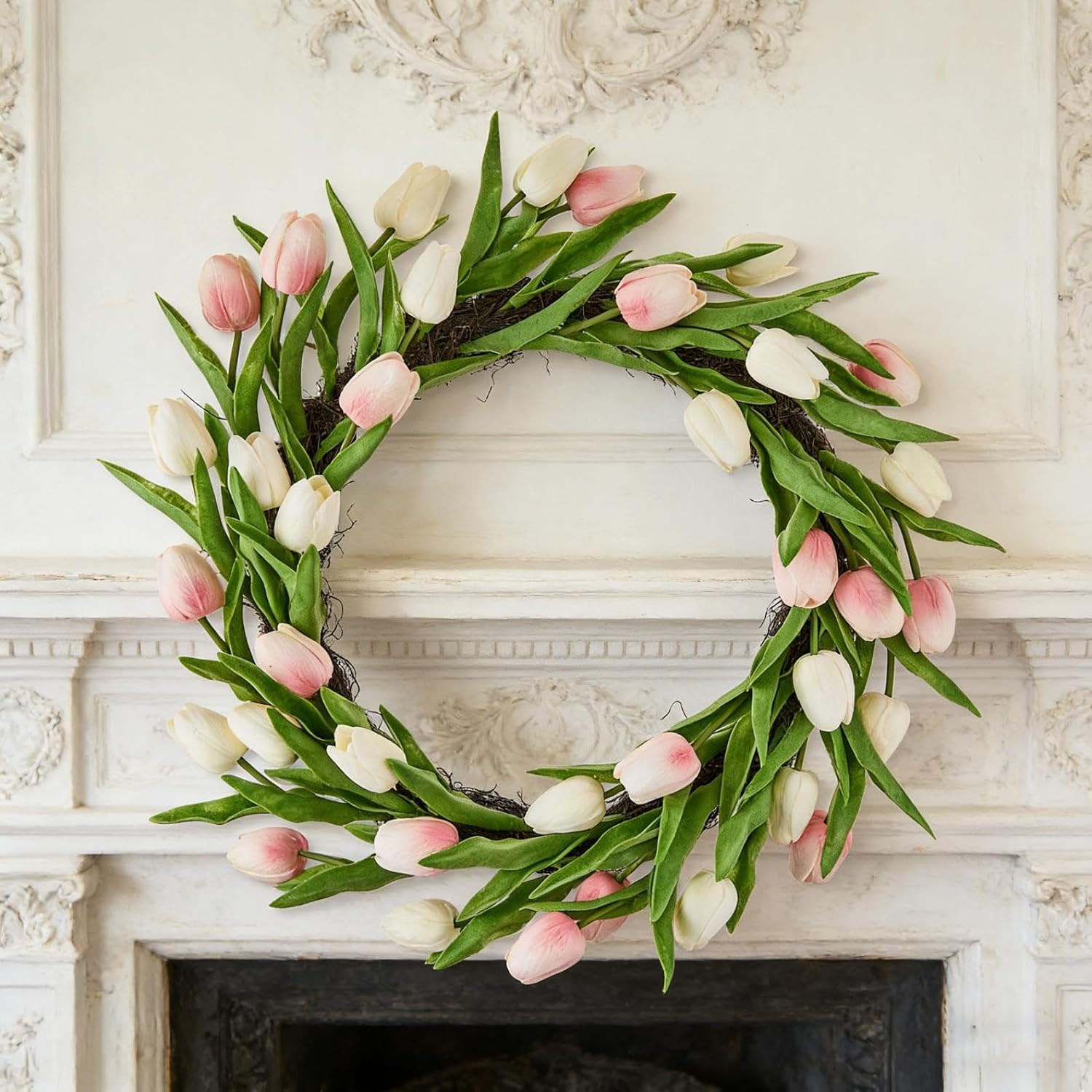 18 Inch Large Tulip Wreath for Front Door Pink White Easter Artificial Tulips Floral Grapevine Wreaths Spring Summer Holiday Hanging Decorations for Wall Window Porch Farmhouse Home Party Decor
