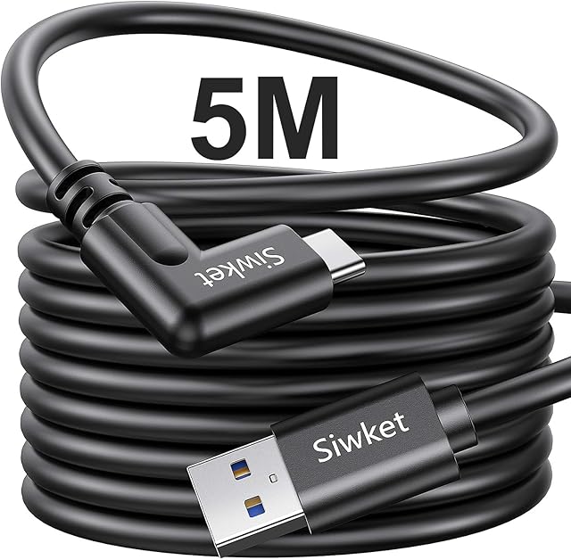 Siwket Quest 2 Link Cable 5M,USB3.0 A to Type C Cable 90 Degree Right Angle Cord 5Gbps Fast Data Transfer USB C Charging Cable for Oculus Quest 1/2,Virtual Reality Headset,Gaming PC,etc Black
