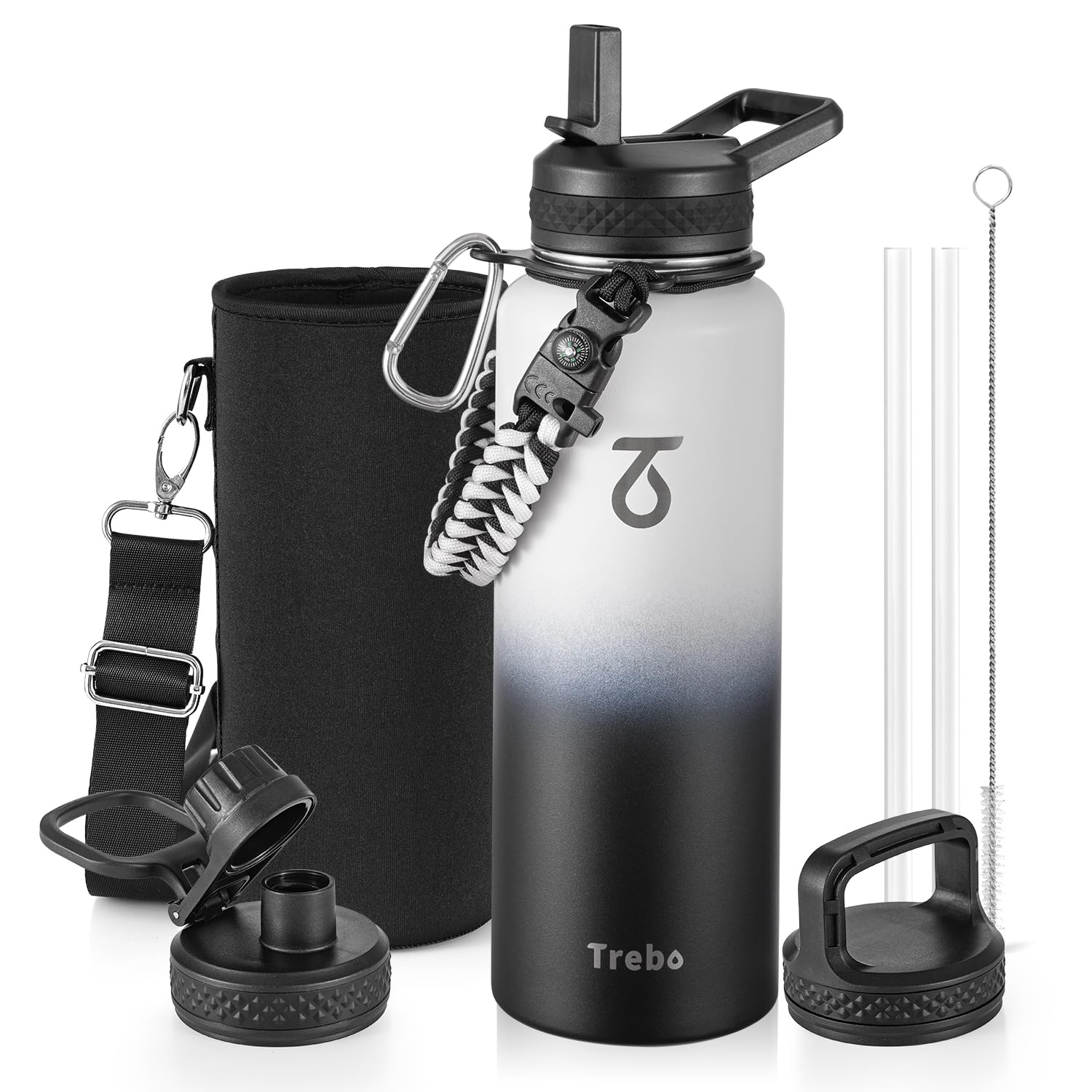 Trebo Borraccia Termica, Borraccia con Cannuccia Borraccia acciaio inox fredda per 48 ore Borraccia Termica Bottiglia in Metallo con Manico in Paracord, 1183 ml, Bianco e Nero
