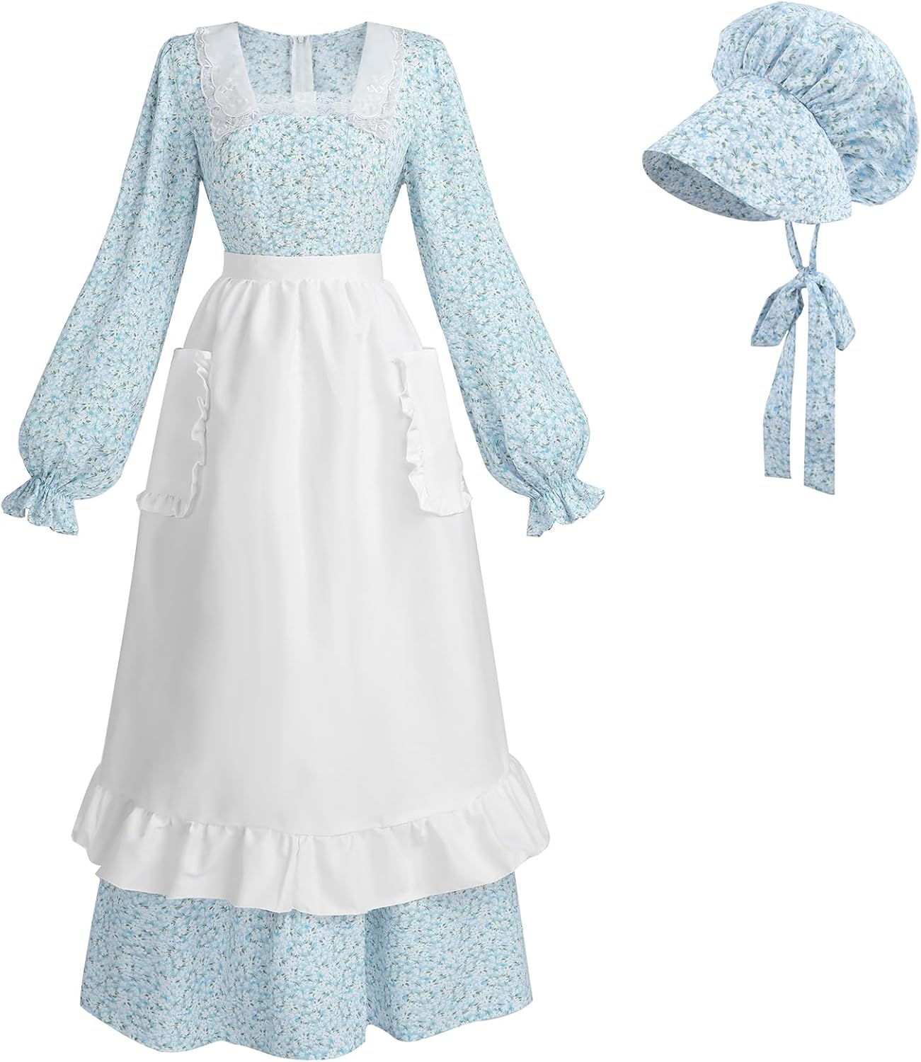 NSPSTT Prairie Dress Women Pioneer Colonial Costume Floral Amish Costume Dresses 3pcs Set
