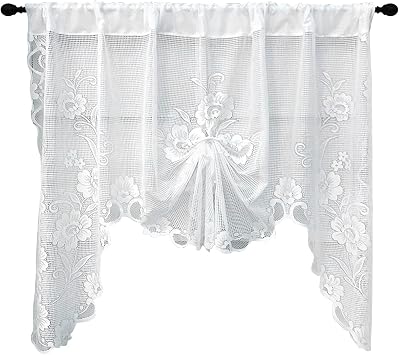 Gcroet 1PC Lace Curtains, 71x39in White Floral Embroidery Sheer Lace Kitchen Curtains, Princess Style Embroidered Waterfall Valance Tier for Bathroom Half Window..