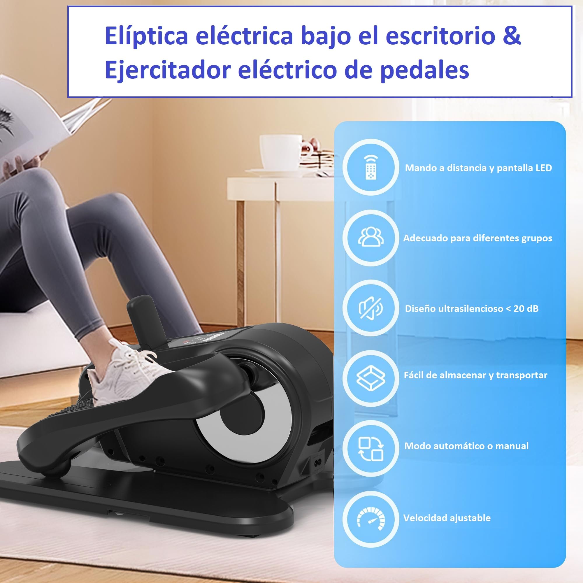 Ejercitador de Pedal Eléctrico, Mini Elíptica Fitness para Personas Mayores, Rehabilitacion, Pantalla LCD, Modo Automático y Manual, Control Remoto, Portátil, Antideslizante, Silencioso, ABUBU TD-509