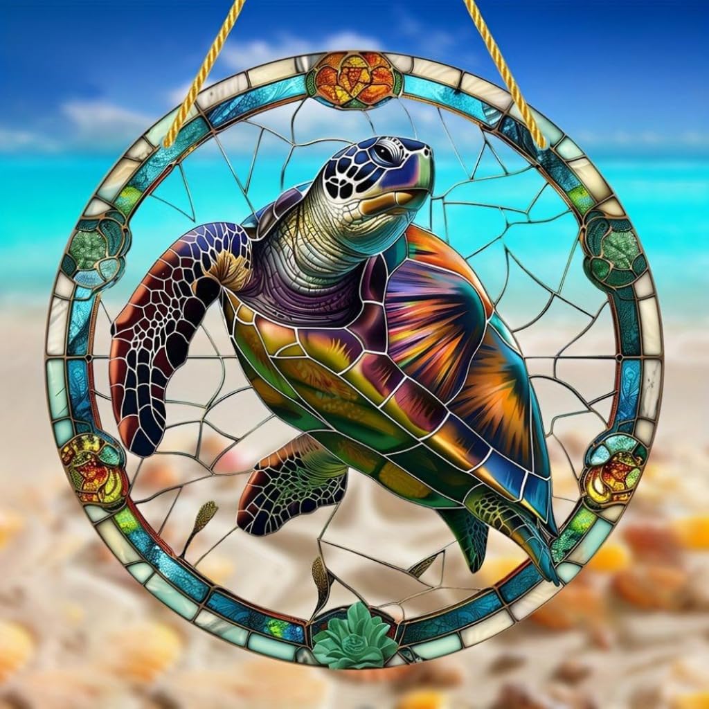 Sea Turtle Stained Window Hanging Acrylic Panels Indoor Outdoor Round Windows Hanger Kitchen Bedroom Garden Wall Art Decor Gifts for Women Mom Grandma Teacher
