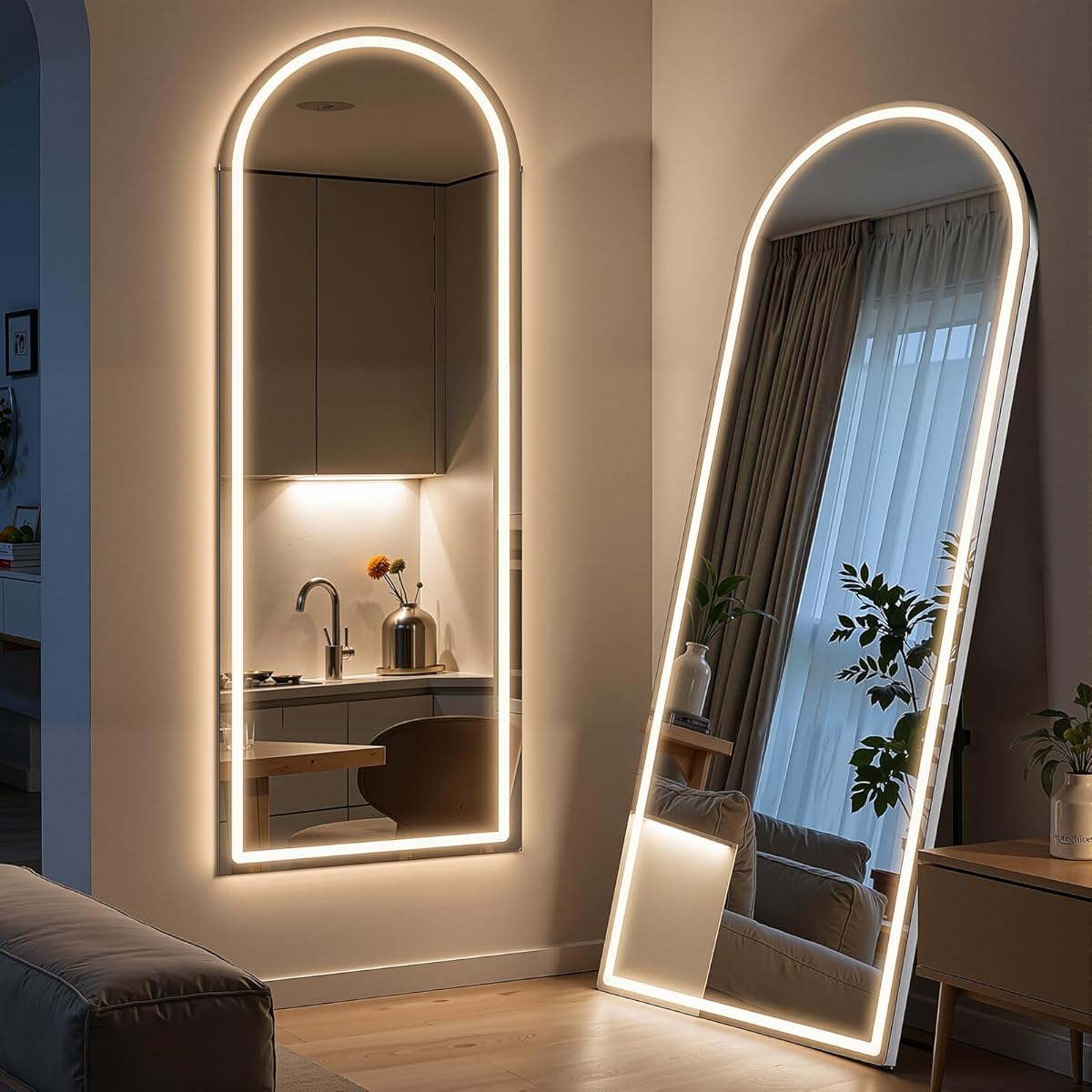 Arched Full Length Mirror with LED Lights, 60"x16" LED Floor Mirror with Stand, Body Floor Mirrors with Dimming & 3 Color Lighting, Wall Mounted LED Mirrors for Bedroom, Dressing Room, Cloakroom
