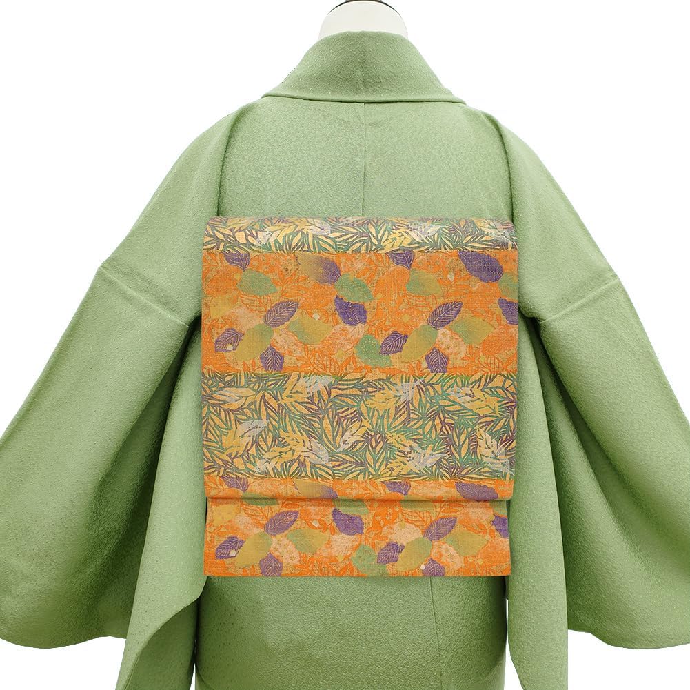 本場牛首紬 袋帯 正絹 紬 手織り 手染め 金彩 リーフ レディース sb54347