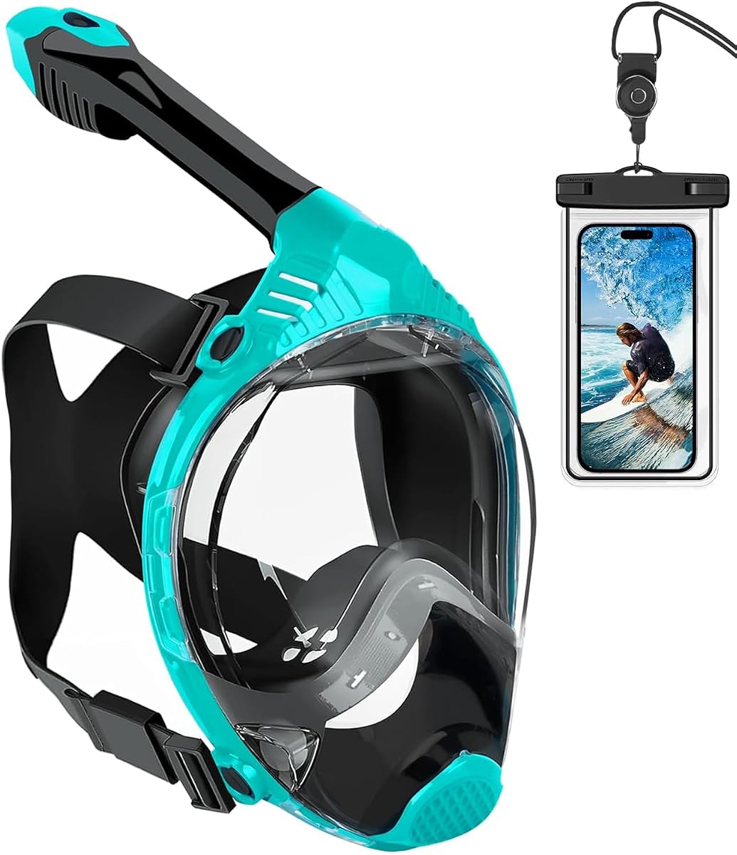 VGKE Máscara de snorkel de cara completa para adultos, equipo de snorkel con bolsa impermeable para teléfono, unisex para hombres y mujeres, vista panorámica HD de 180 grados, antifugas y antivaho, respira libremente