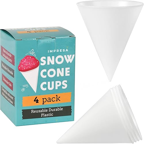 IMPRESA Vasos de plástico reutilizables para cono de nieve, paquete de 4, 6 onzas, color blanco, compatibles con máquina de cono de nieve Cuisinart,