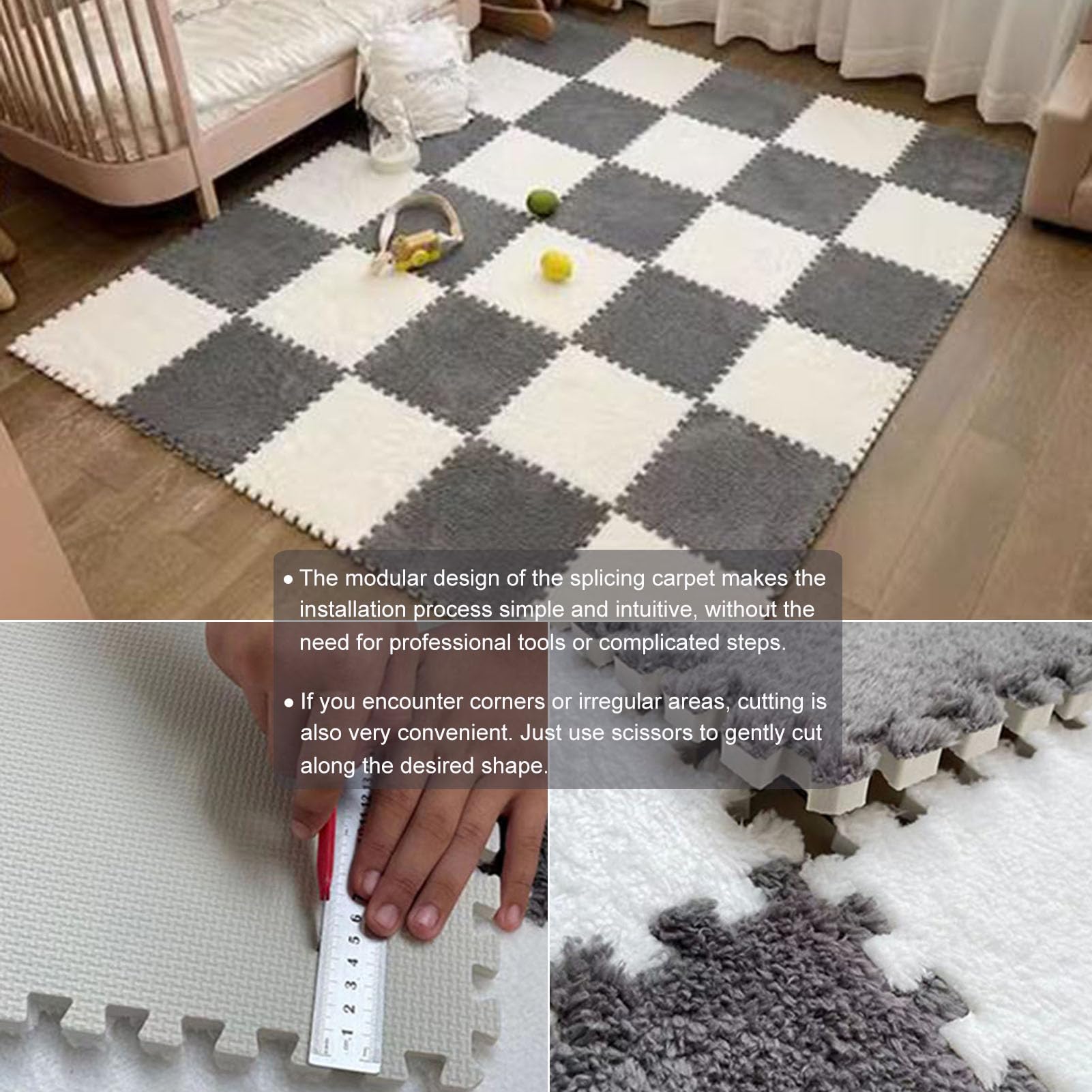 YMXBHN Tapis Mousse Emboîtable Poils Courts Gris Foncé 30x30x1 Cm – Carreaux Puzzle Peluche Pour Enfant Et Salon