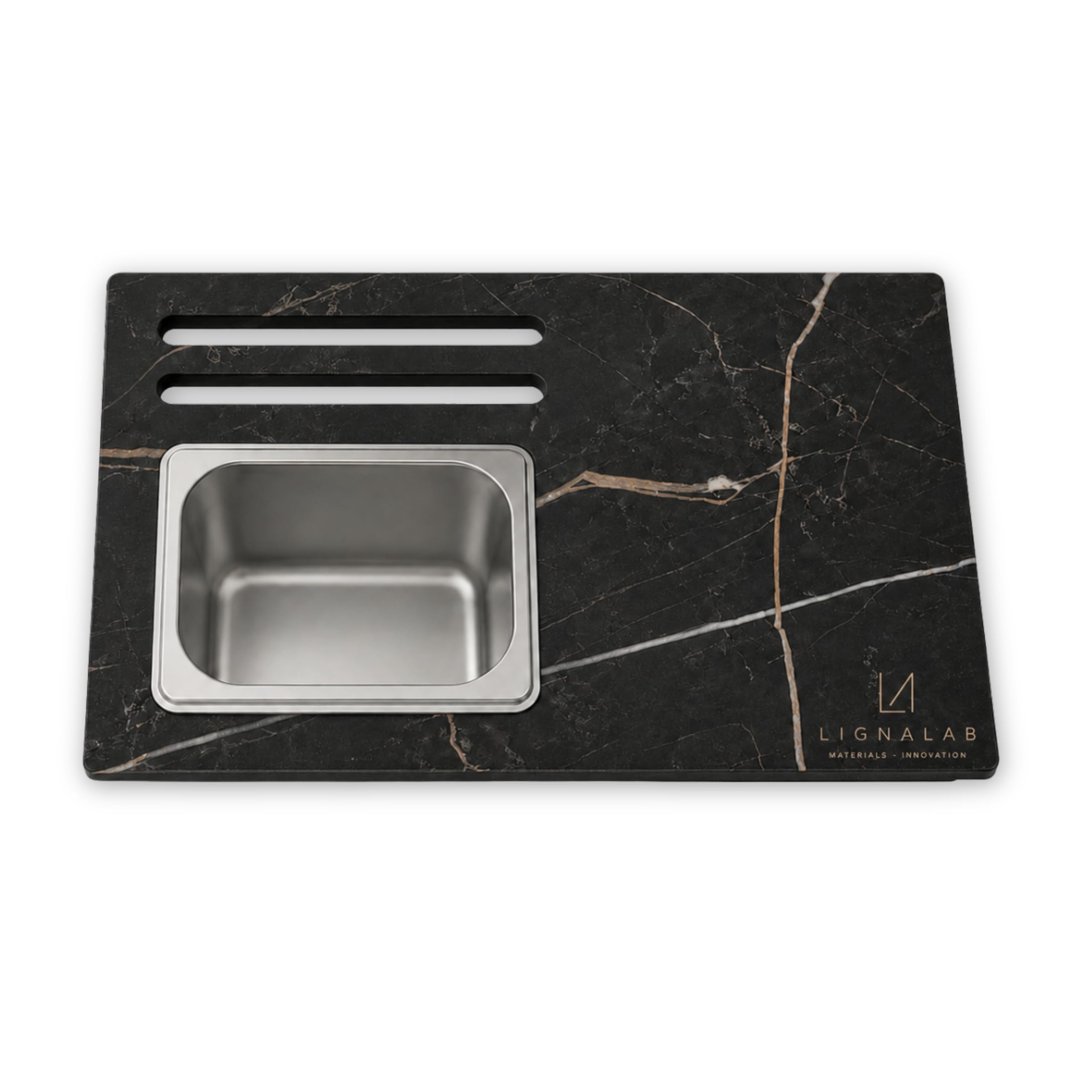 Tagliere da Lavabo in HPL 12mm Effetto Marmo Nero Design Moderno | Taglieri per Lavandino Antibatterico e Antigraffio con Vaschetta Contenitore Rimovibile per Alimenti Made in Italy
