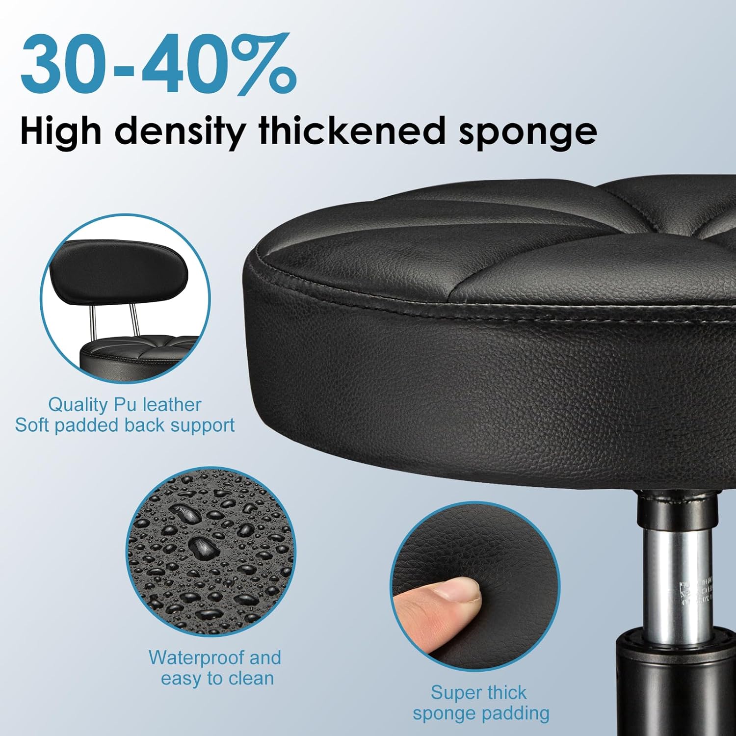 PU Leather Rolling Stool with Back Support Height Adjustable Swivel Stool Chair with Wheels Drafting Chair for Spa Slaon Massage Stable Base Foot Black