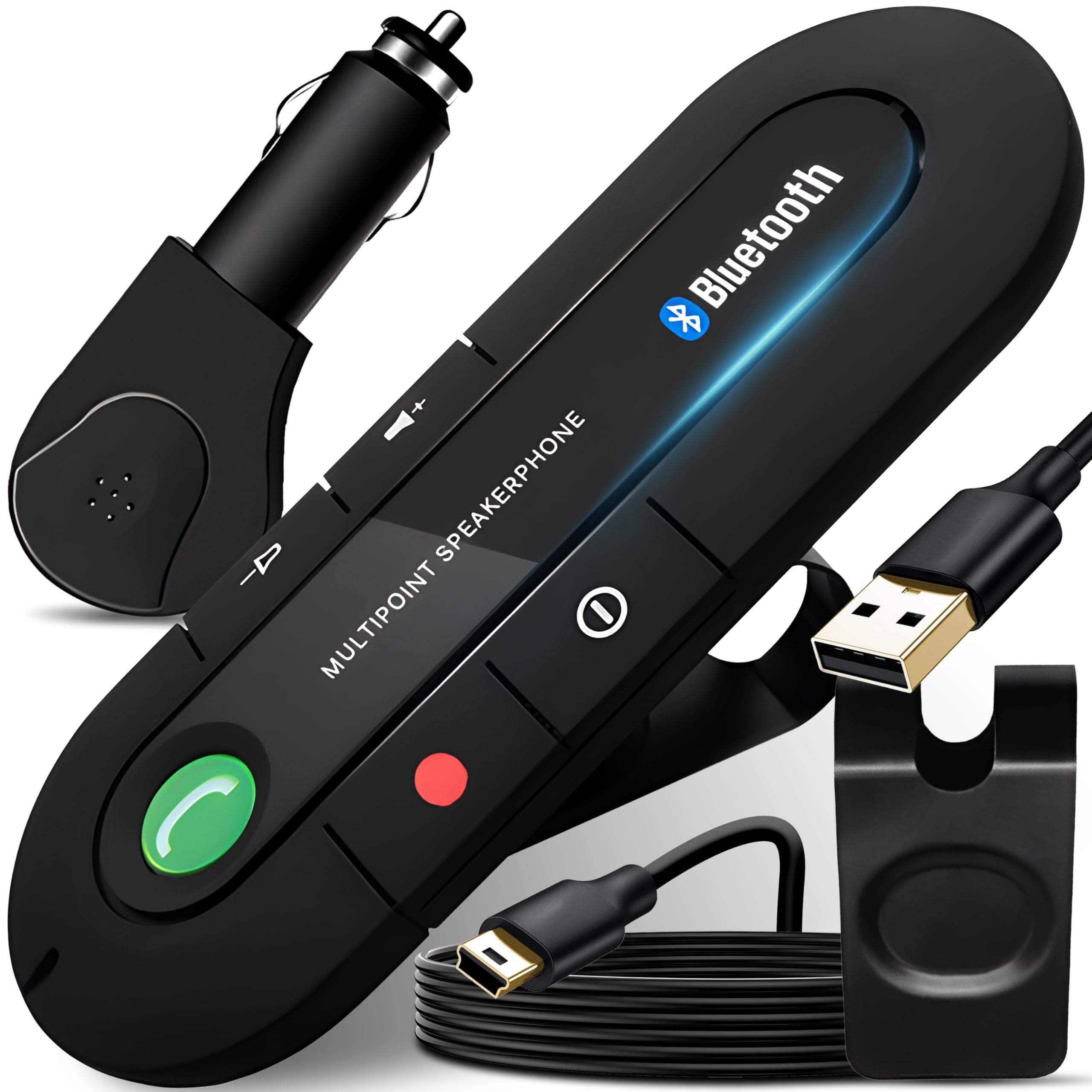 Retoo Samochodowy zestaw głośnomówiący Bluetooth z regulacją głośności i słuchaniem muzyki, zestaw głośnomówiący z akumulatorem do 20 godzin, kompatybilny z iPhone, Samsung, czarny