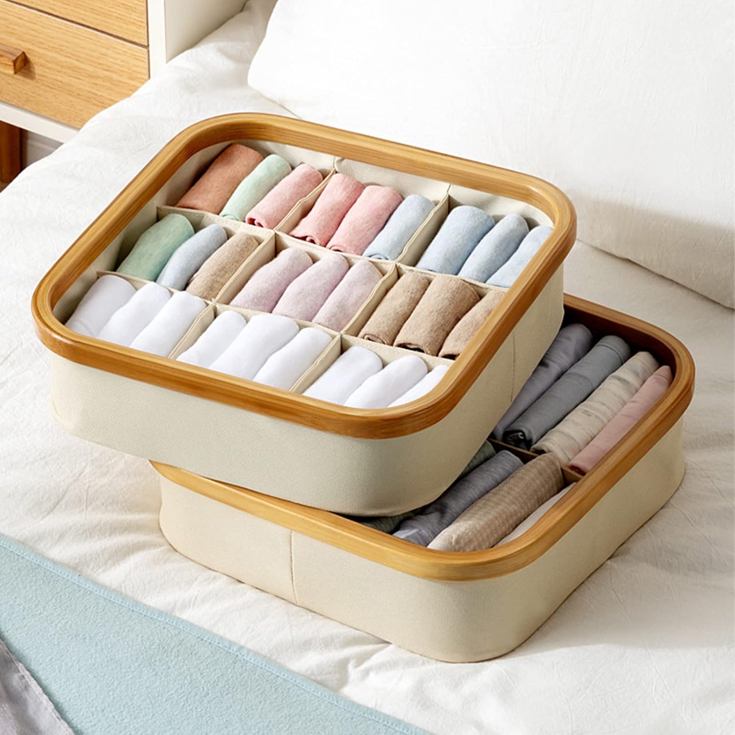 Storage Boxes 3PCS Closet Organizer Wooden Wardrobe Washable Clothes Organizer Visible Foldable Drawer Separation Box for Home Jeans T-Shirt Socks Panty 3/4/9 Grids