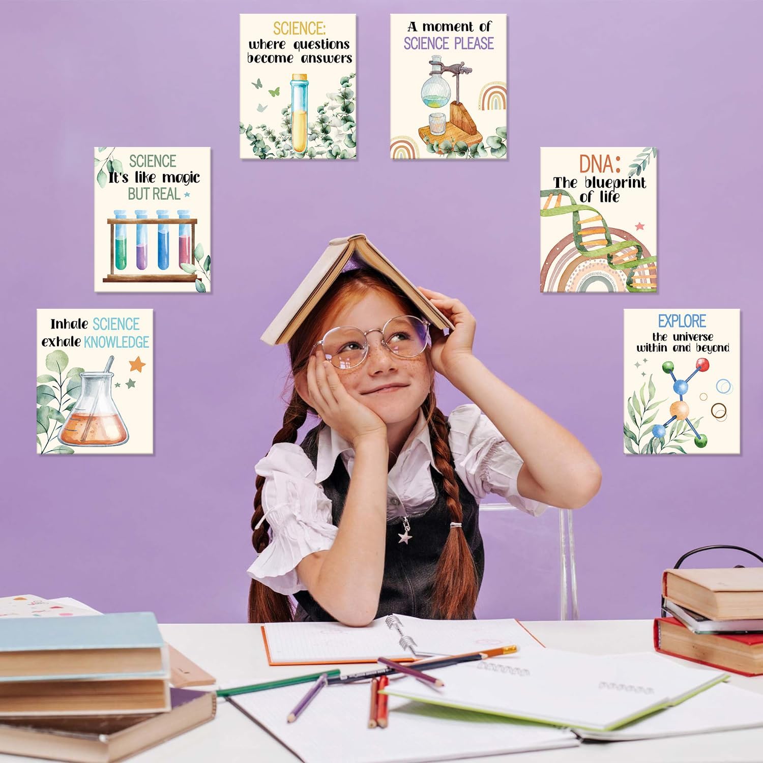 HOURIA Science Canvas Wall Art,Colorful Chemistry Physics Posters,Set of 6 (8”x10” Framed)Inspirational Positive Quotes Art Print,Science Bulletin Board Sets Wall Decor for Classroom,Middle School,Lab