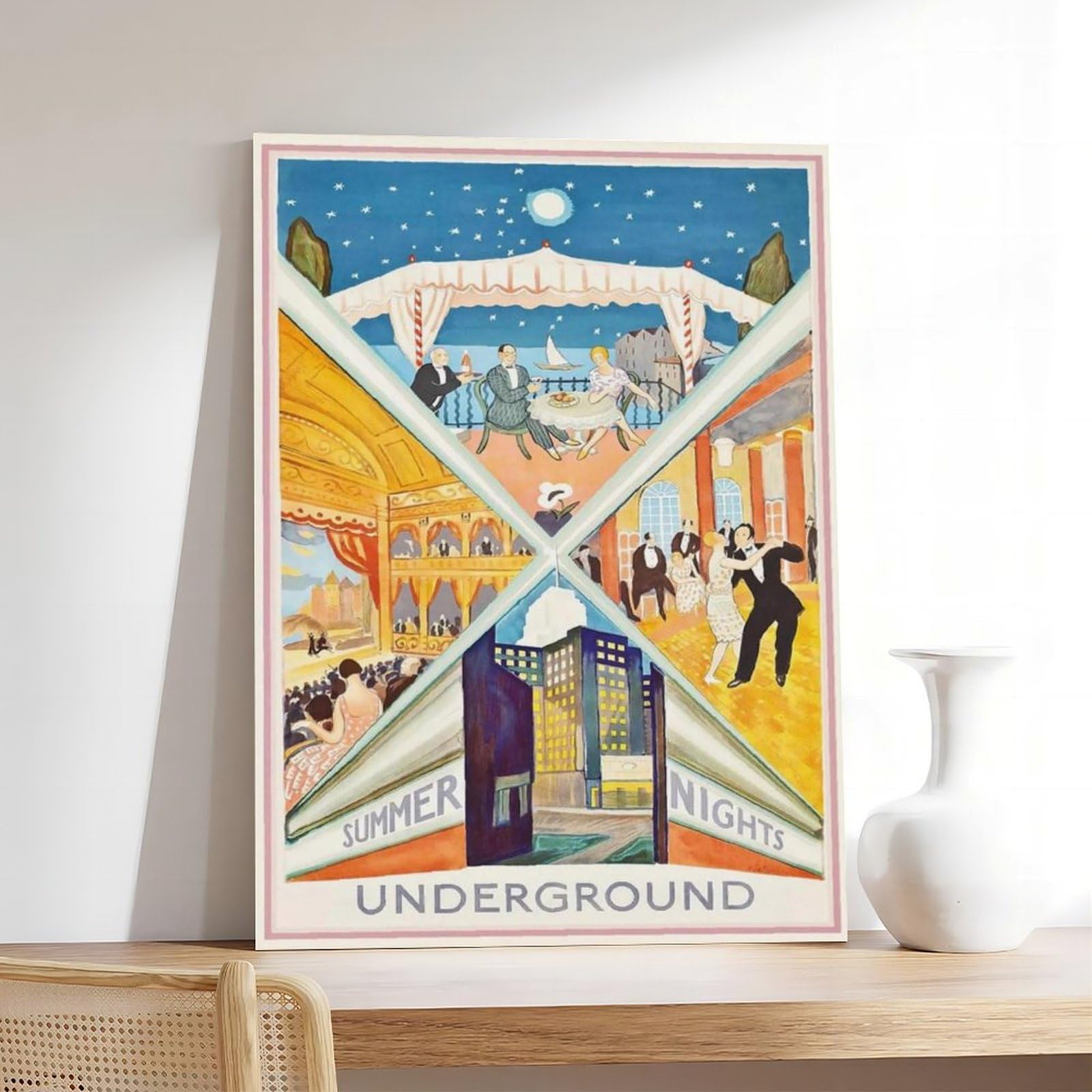 QOGDAF Poster su tela con stampa di Londra Underground Summer Nights, decorazione per camera da letto, ufficio, camera da letto, regalo, 60 x 90 cm
