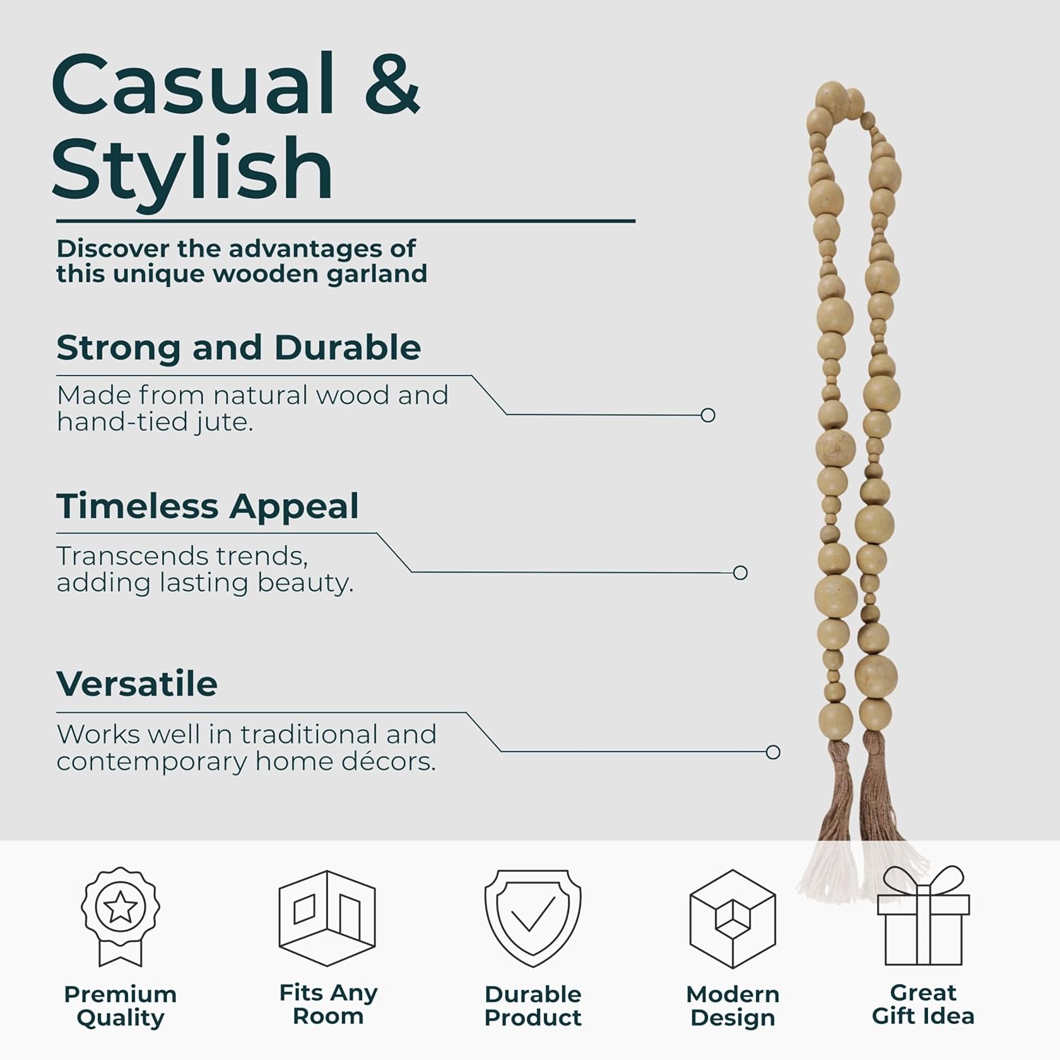 Mango Wood Beaded Garland with Jute Tassels – Decorative Object for Mantel Or Table, Rustic Design Accent – Casual Bowl Filler for Home Decor, Decorative Accessories – 84x2, Ivory & Tan