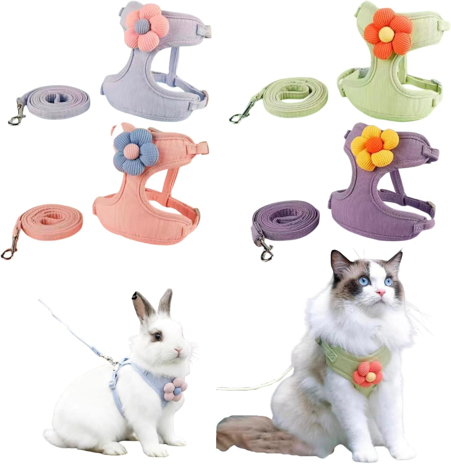 4 Pack Harness and Leash Set for Walking Escape Proof, Adjustable Kitten Harness Breathable Mesh Harness with Flower for Kitty Puppy Bunny Guinea Pig Ferret (XS)